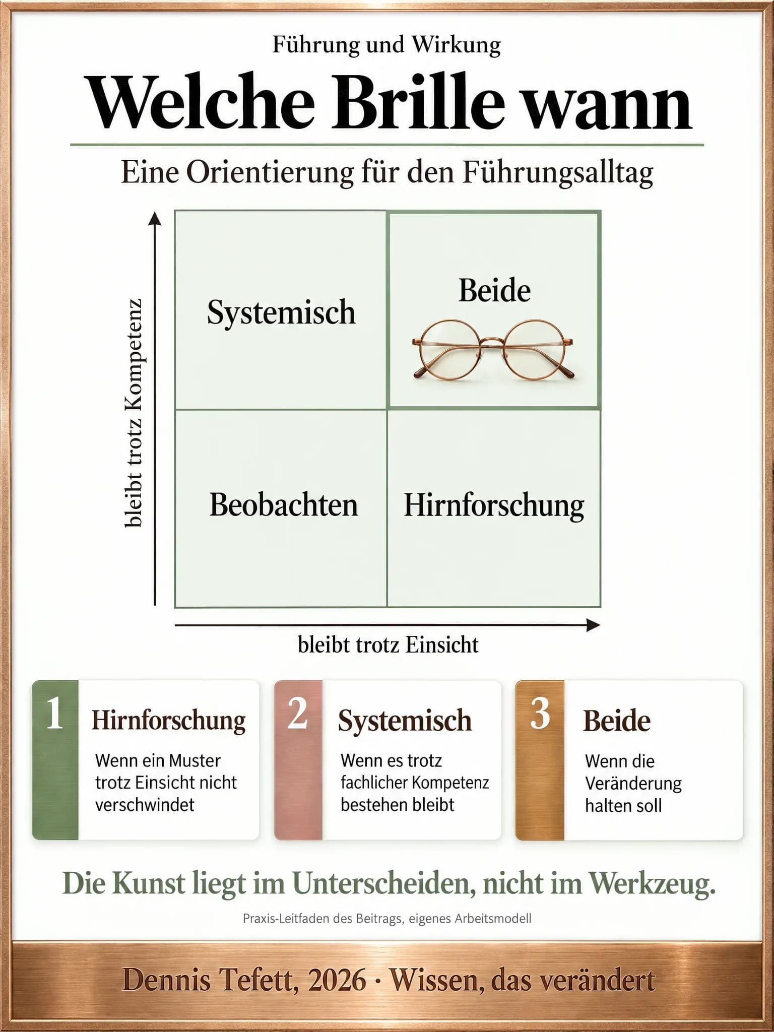 Plakat: Eine Vierfeldertafel mit den Achsen bleibt trotz Einsicht und bleibt trotz Kompetenz. Die Felder heißen Beobachten, Hirnforschung, Systemisch und Beide.