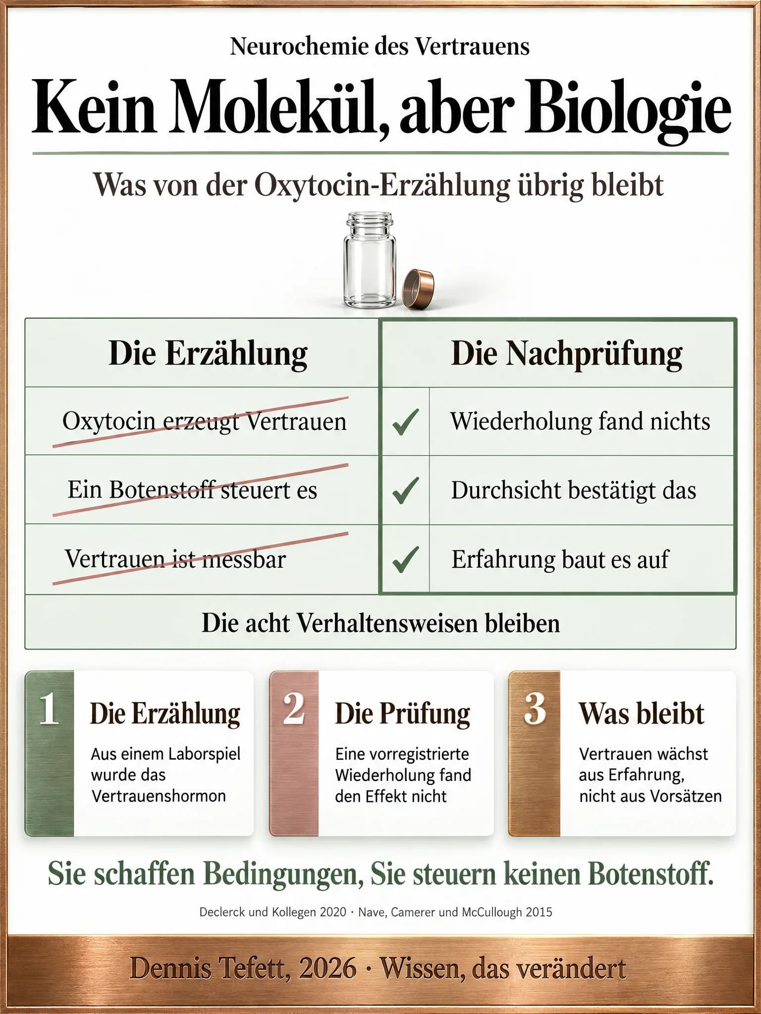 Infografik: Zwei Spalten nebeneinander. Links steht die Oxytocin-Erzählung in drei durchgestrichenen Zeilen, rechts auf gleicher Höhe die Nachprüfung mit Haken. Unten ein Band mit dem Hinweis, dass die acht Verhaltensweisen bleiben.