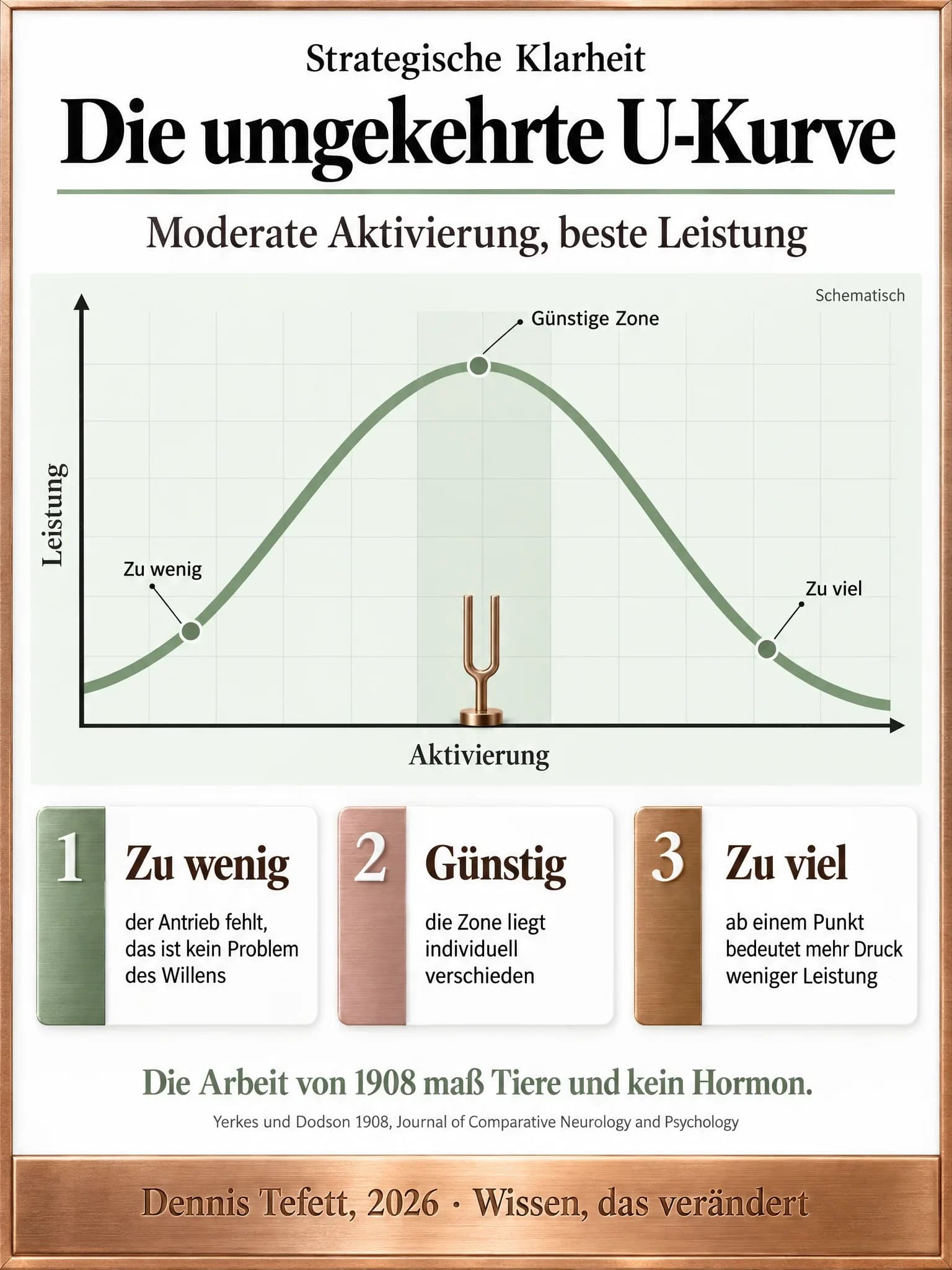 Infografik: Eine umgekehrte U-Kurve über den Achsen Aktivierung und Leistung, ohne Zahlenwerte. Drei Marker stehen für zu wenig, günstige Zone und zu viel.