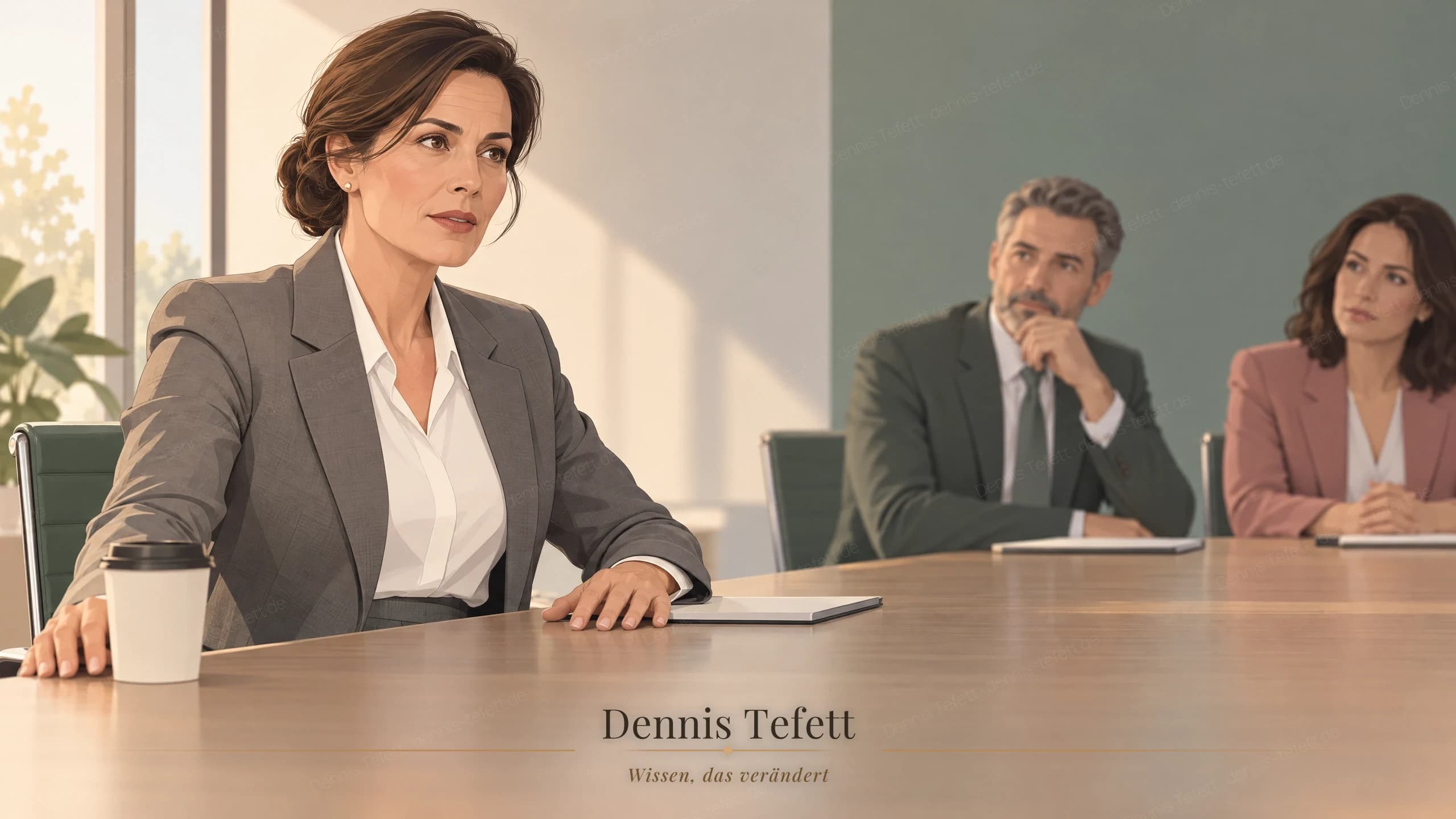 Illustration: Eine Betriebsleiterin sitzt aufgerichtet am langen Besprechungstisch, eine Hand ruhig auf der Tischplatte, den kalten Kaffee hat sie beiseitegeschoben, zwei Kollegen weiter hinten am selben Tisch sehen sie an.
