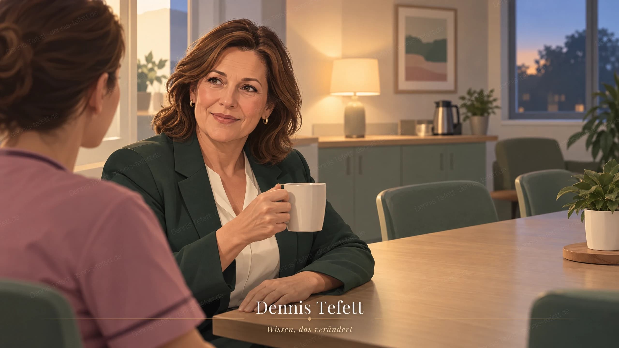 Illustration: Dieselbe Frau Anfang fünfzig im dunkelgrünen Blazer sitzt aufrecht am Tisch im Aufenthaltsraum. Eine Hand liegt ruhig auf der Tischplatte, die andere hält die Tasse. Sie ist einer Kollegin zugewandt und hört zu.