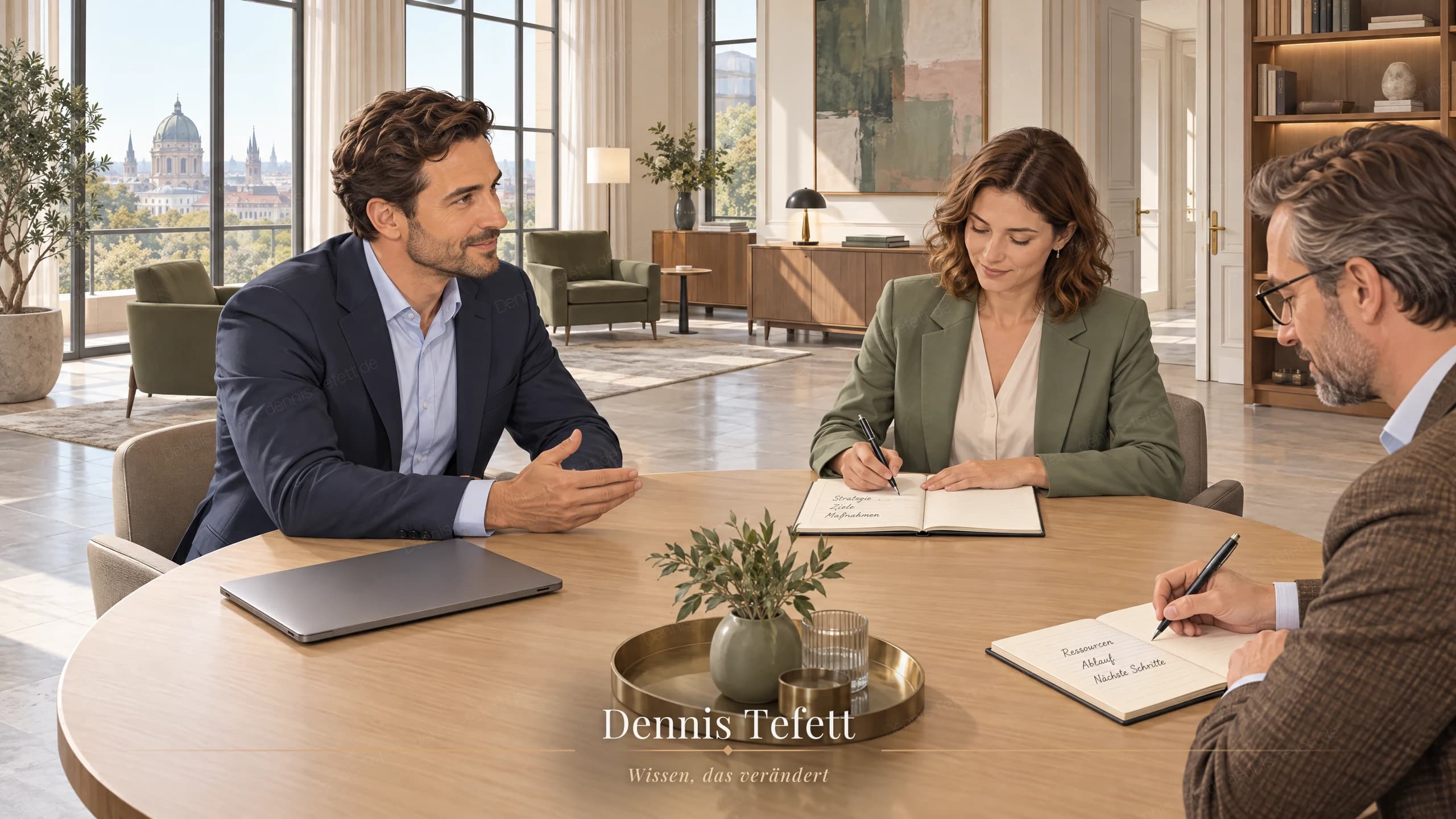 Illustration: Eine neue Führungskraft sitzt nicht am Kopf des Besprechungstisches, sondern mitten im Team auf einem der gleichen Stühle. Der Stift ruht quer auf dem offenen Notizbuch, er hört einem Kollegen zu.