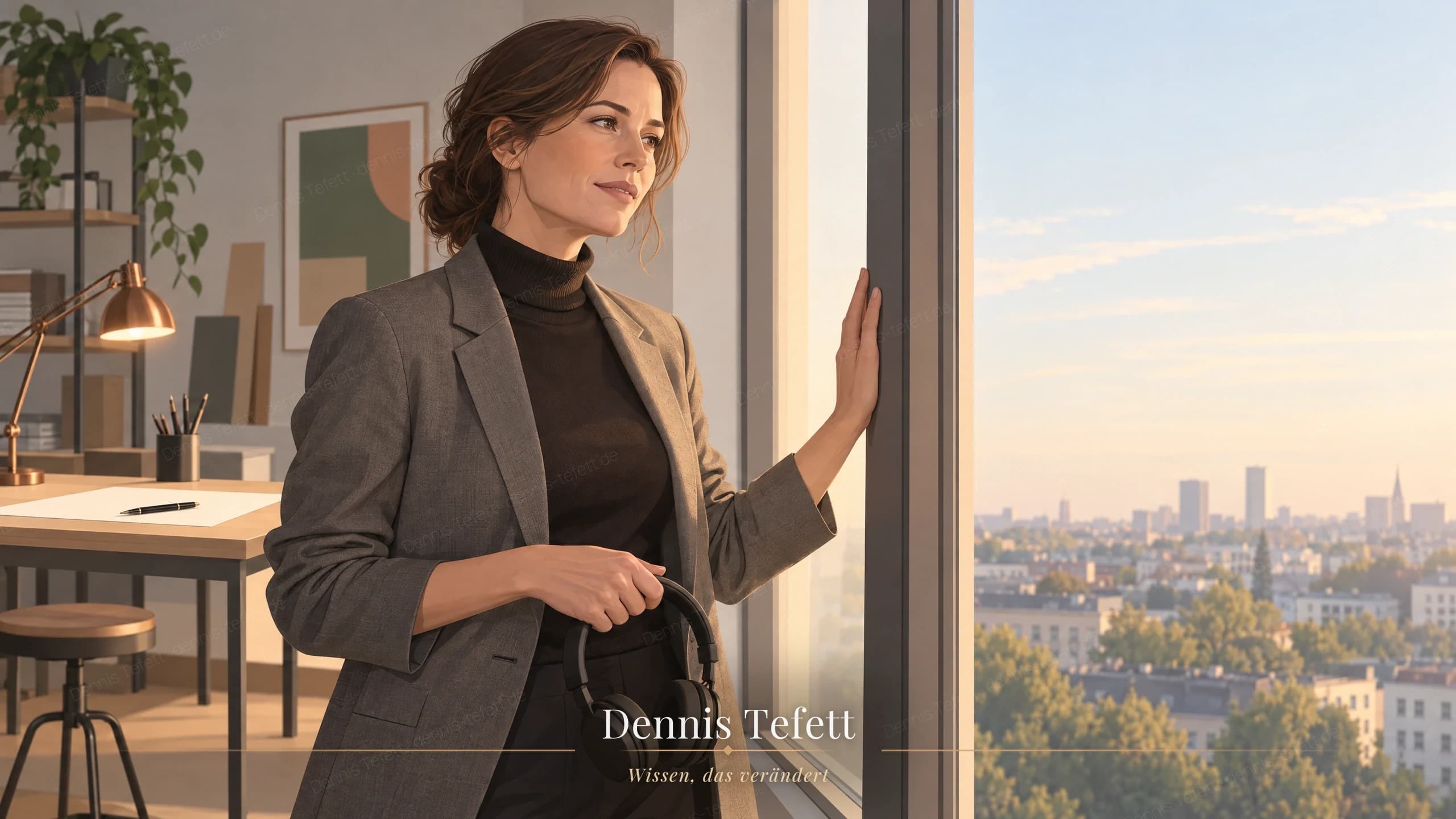 Illustration: Eine Designleiterin steht einige Schritte von ihrem Zeichentisch entfernt am hohen Fenster, die Kopfhörer abgenommen in der Hand, die andere Hand flach am Fensterrahmen, der Blick in die Ferne.