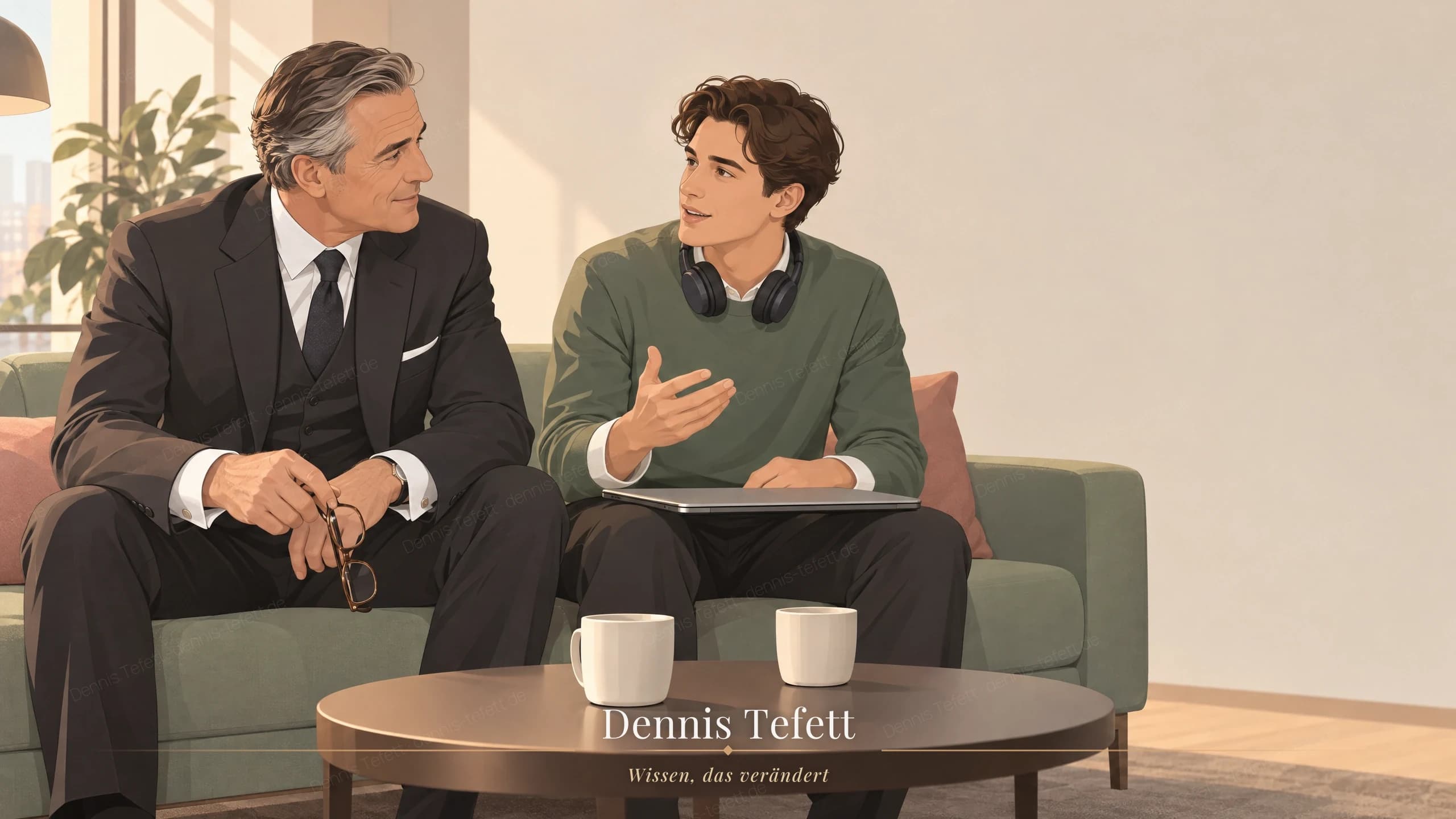 Illustration: Ein Geschäftsführer im Dreiteiler sitzt vorgebeugt auf dem Sofa und hört einem jungen Kollegen zu, der neben ihm sitzt, den geschlossenen Laptop flach auf den Knien.