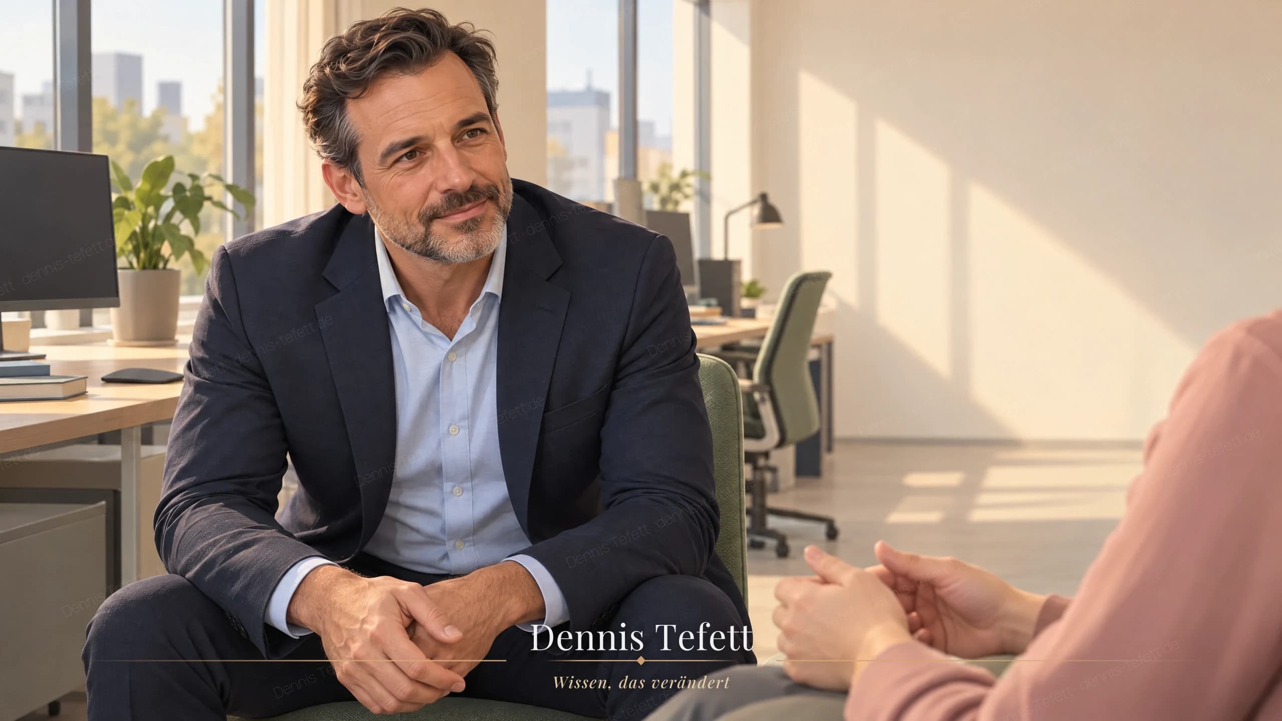 Illustration: Ein Teamleiter hat sich einen Stuhl an den Schreibtisch einer Kollegin gezogen. Er sitzt auf Augenhöhe, die Unterarme auf den Knien, die Hände offen, sein Blick ruhig auf ihr.