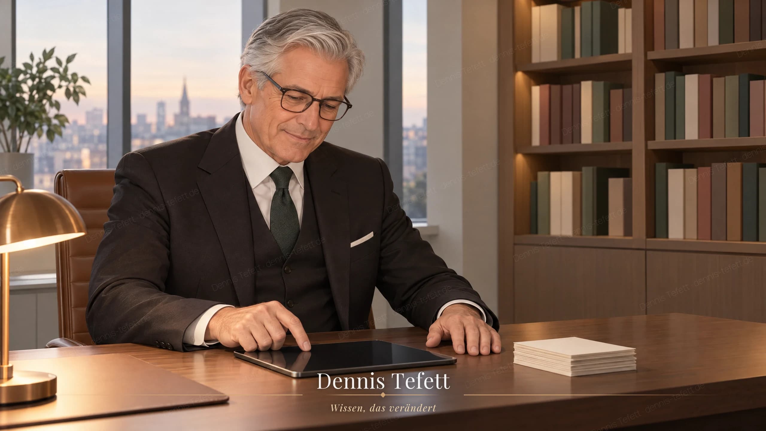 Illustration: Ein erfahrener Manager mit silbernem Haar sitzt am Schreibtisch, das Tablett flach vor sich, eine Fingerspitze darauf, die Lesebrille richtig auf der Nase. Daneben ein kleiner Stapel schlichter Karteikarten mit umgedrehter oberster Karte.