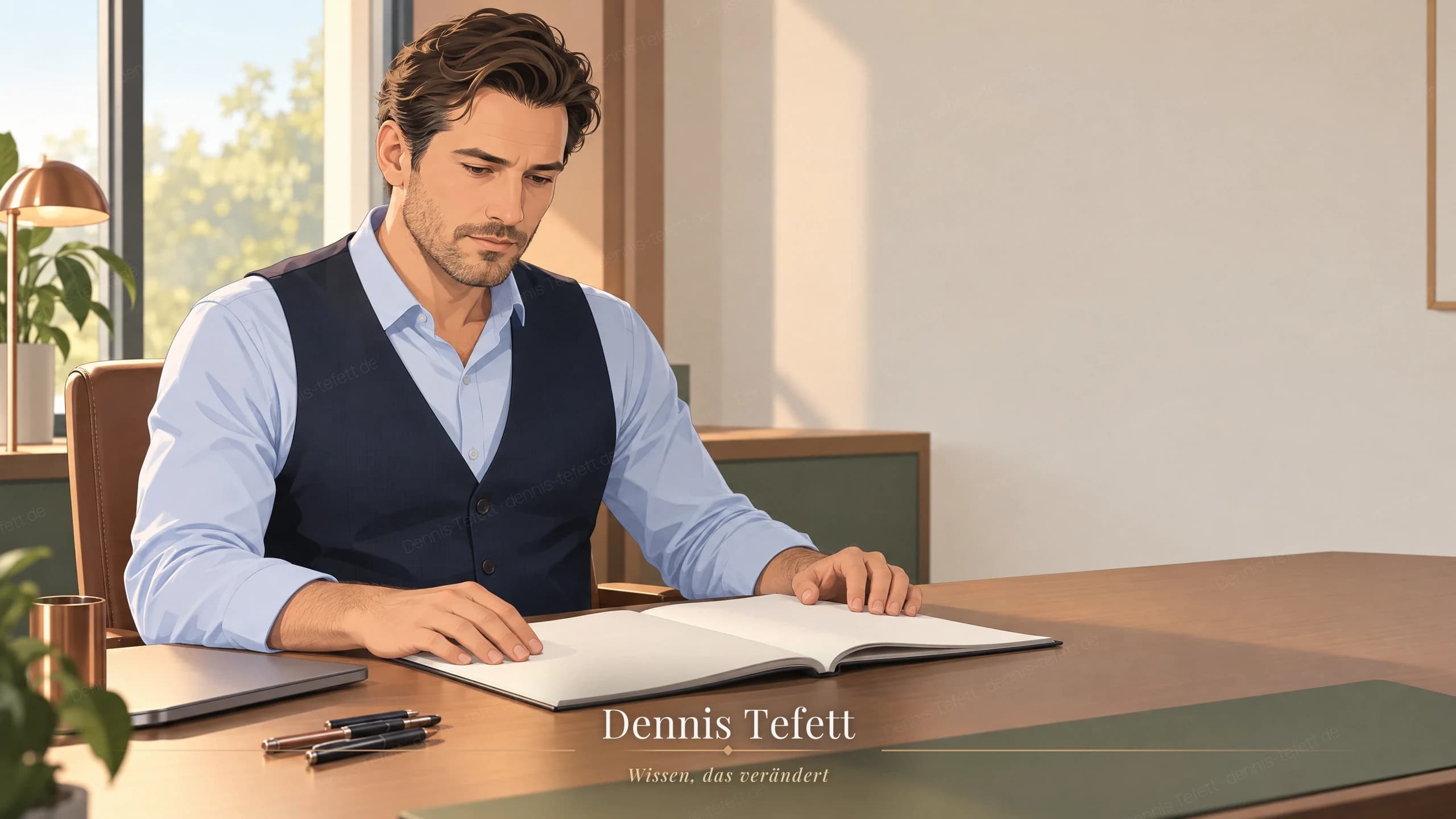 Illustration: Ein Abteilungsleiter hat den Stuhl zum Schreibtisch gedreht, den dicken Bericht vom Tischrand zu sich gezogen und aufgeschlagen, beide Hände liegen flach auf den Seiten, die Stifte liegen locker daneben.
