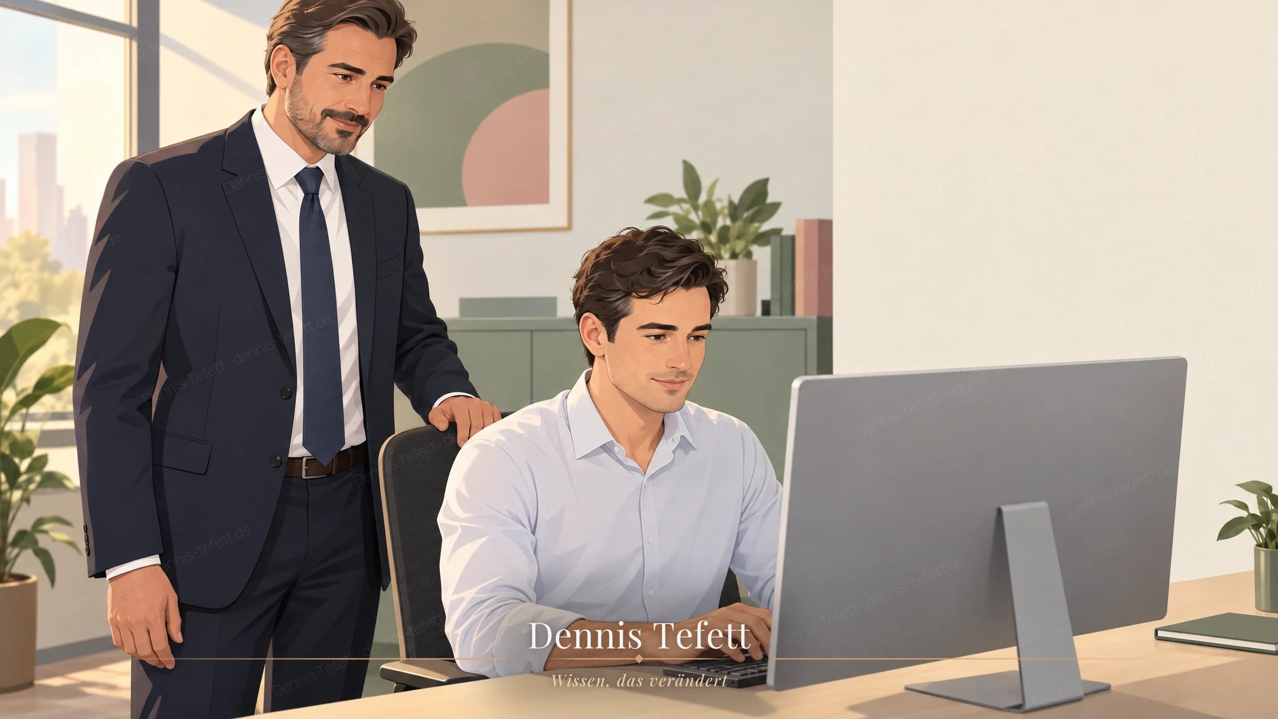 Illustration: Ein Abteilungsleiter hat sich aufgerichtet und die Hände zurückgenommen, sein Mitarbeiter hat die Hände wieder auf der Tastatur und arbeitet weiter.