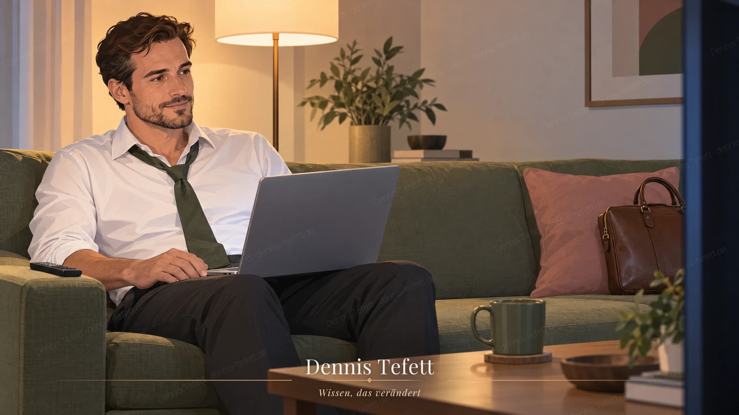 Illustration: Ein Projektleiter hat die Fernbedienung weggelegt, den Laptop auf die Knie gezogen und geöffnet, sein Gesicht ist ruhig und sachlich.