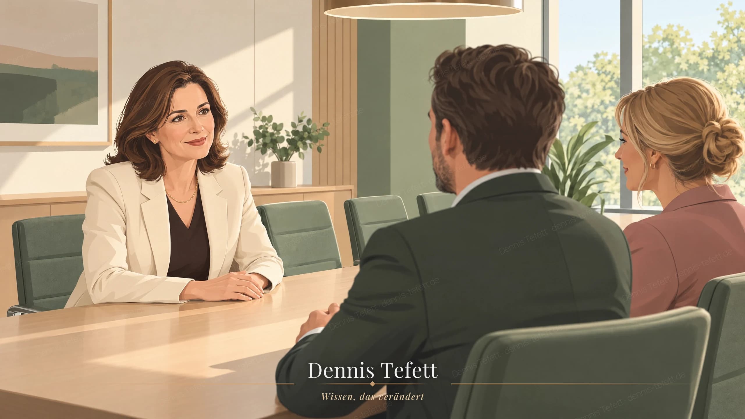 Illustration: Eine Ärztliche Direktorin sitzt aufrecht und ruhig am Besprechungstisch, beide Hände offen auf der Tischplatte. Ihr gegenüber sitzen zwei Kolleginnen, deren Schultern ebenfalls gesunken sind.