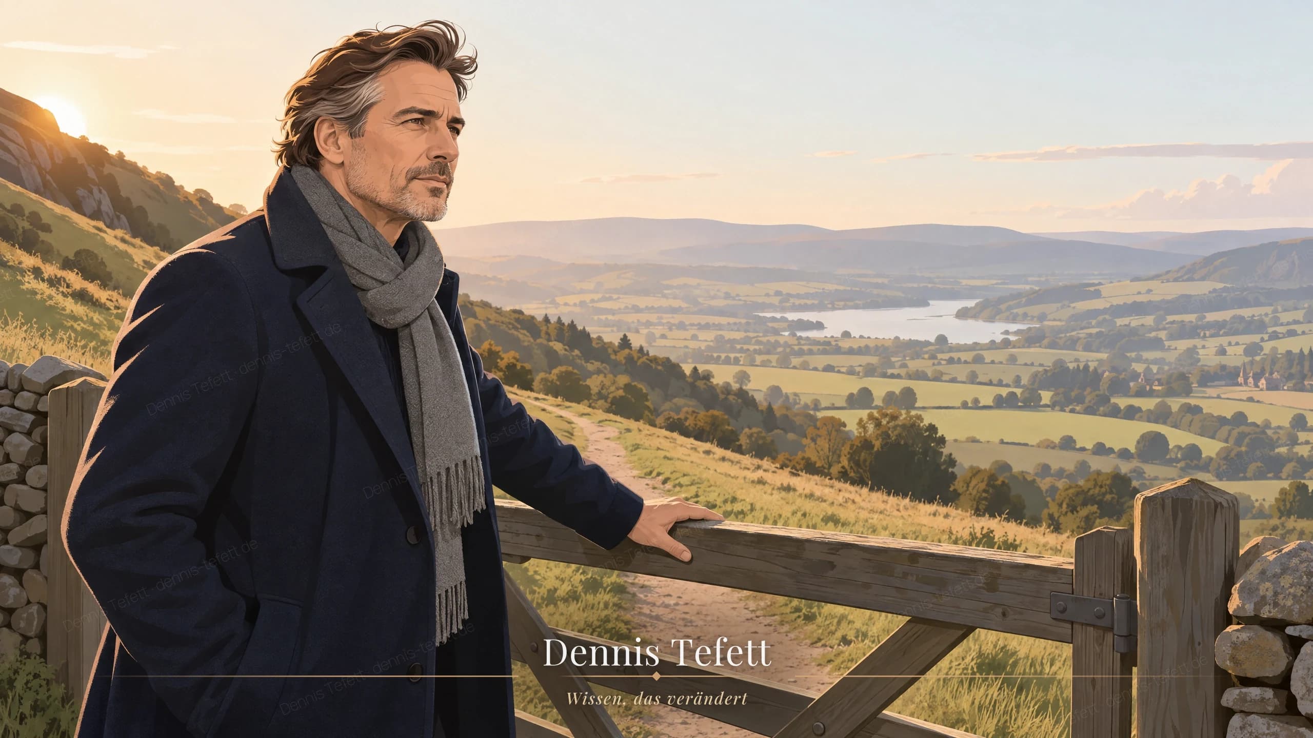 Illustration: Ein Unternehmer im blauen Wollmantel legt die Hand flach auf das geschlossene Holztor quer über dem Höhenweg und blickt mit messendem Blick ins Tal.