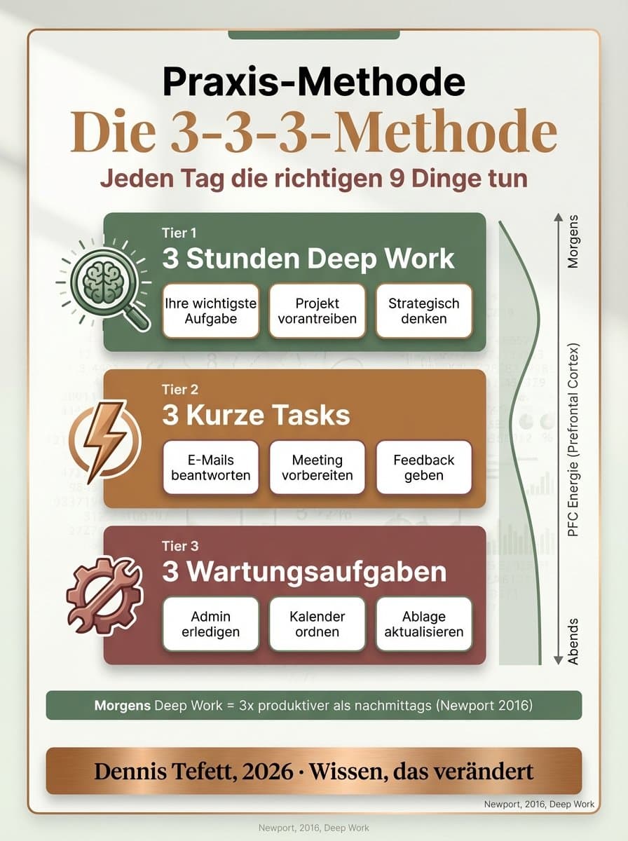 Infografik zu den drei Dimensionen der Priorisierung: Subtraktives Denken, Grenzen als Ressource und Wirkungsorientierung als Schlüssel für nachhaltige Führung