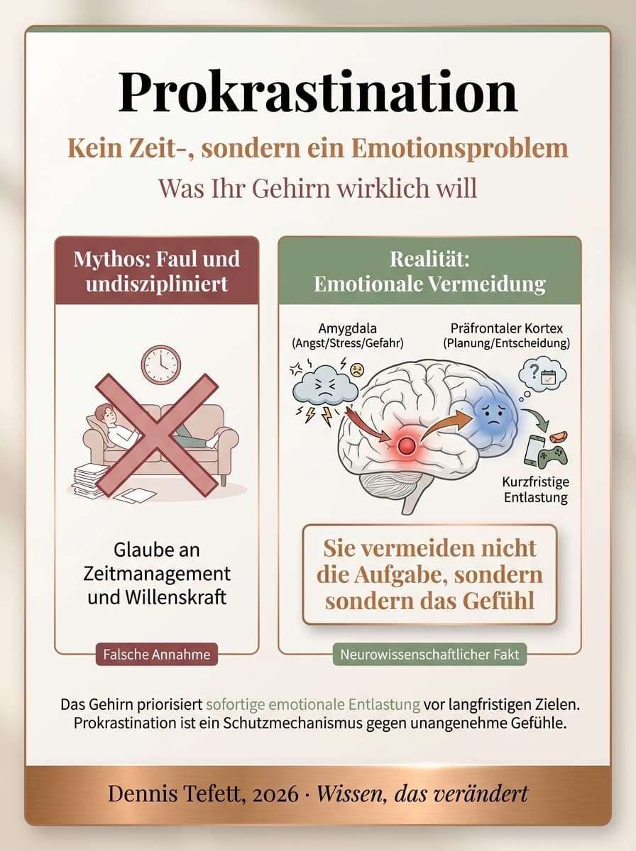 Infografik: Der Kampf zwischen Amygdala und präfrontalem Kortex bei der Prokrastination mit Present Bias