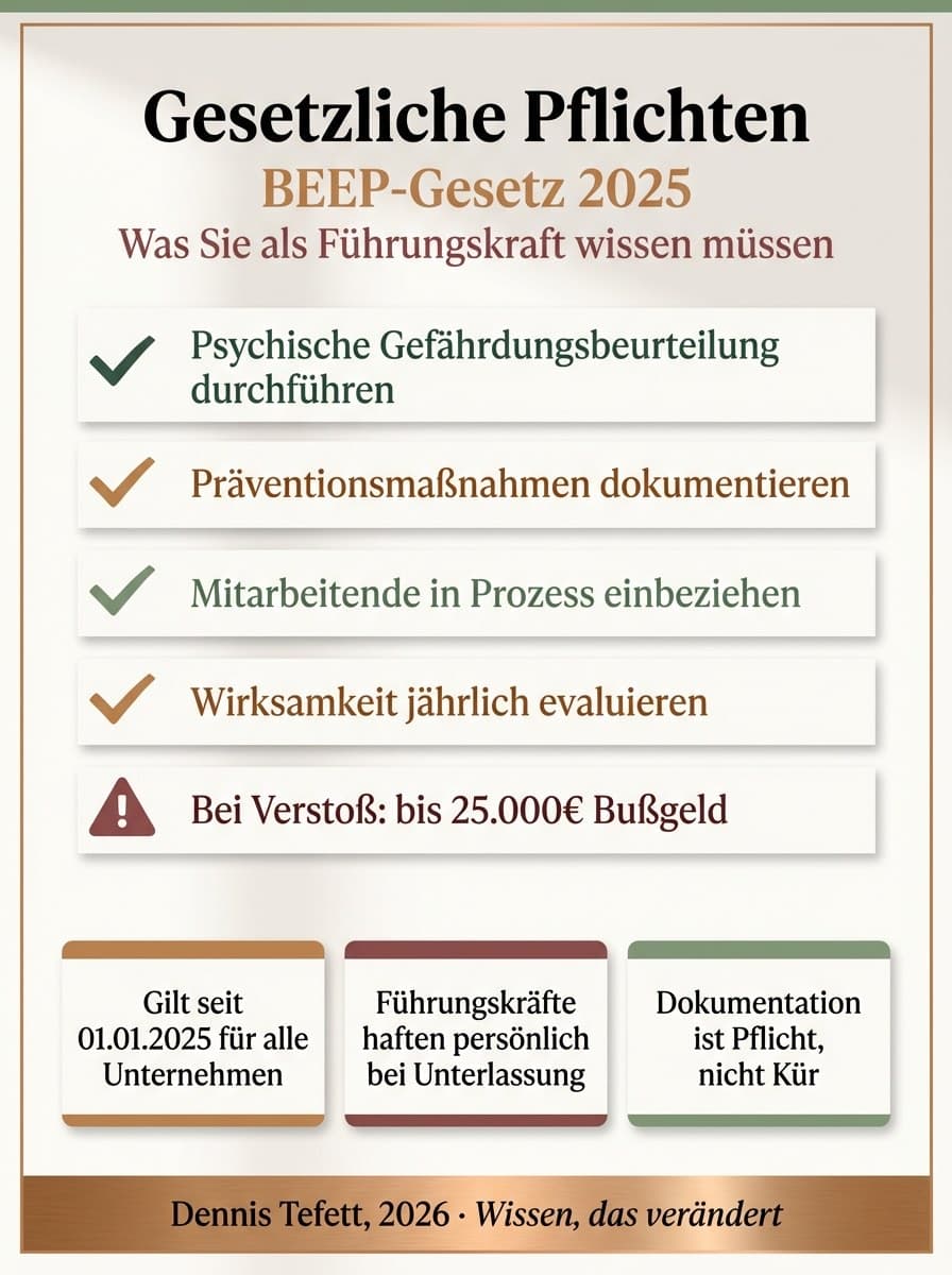 Infografik BEEP-Gesetz Pflichten: Gefährdungsbeurteilung psychischer Belastungen, Präventionsmaßnahmen und der Unterschied zwischen Compliance und Kultur.