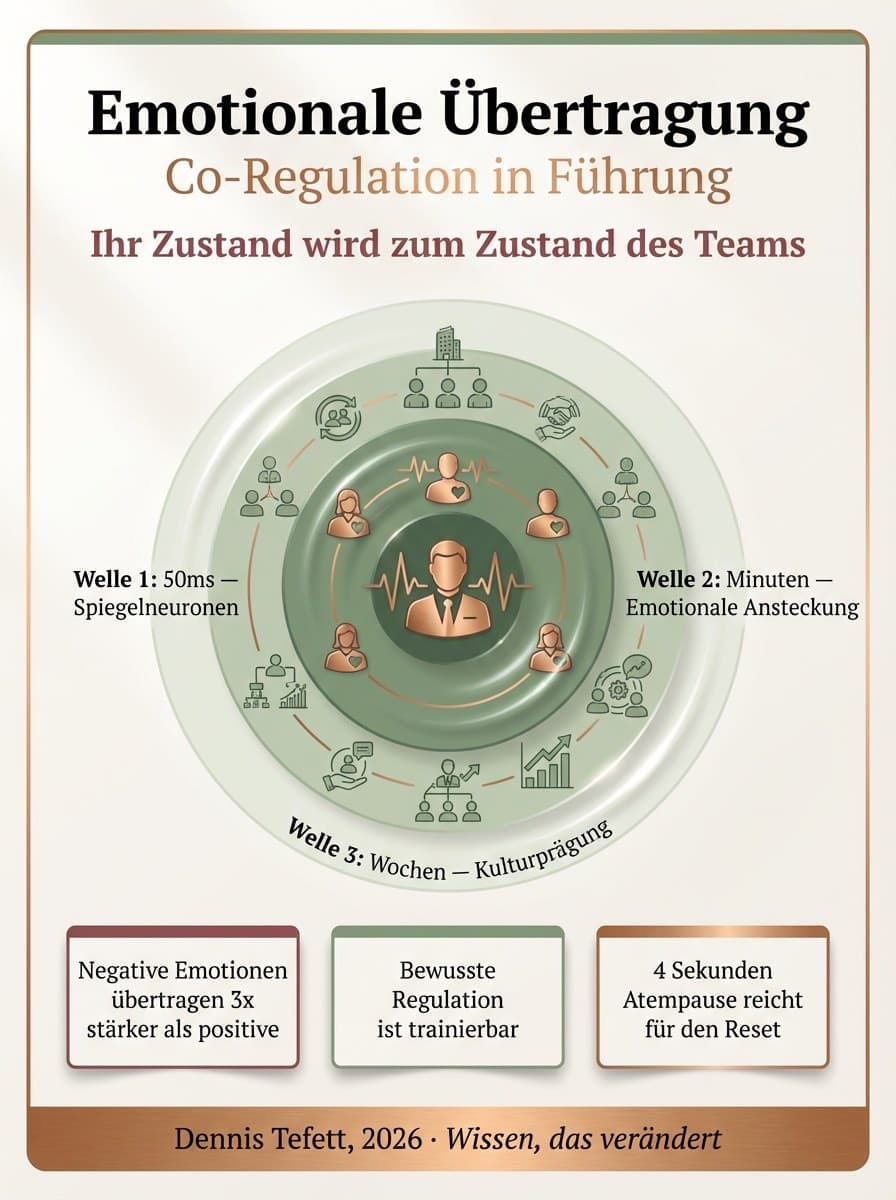 Infografik Co-Regulation als Führungskompetenz: Wie Stimme, Mimik und Körperhaltung das Nervensystem des Teams stabilisieren. Porges Polyvagaltheorie.