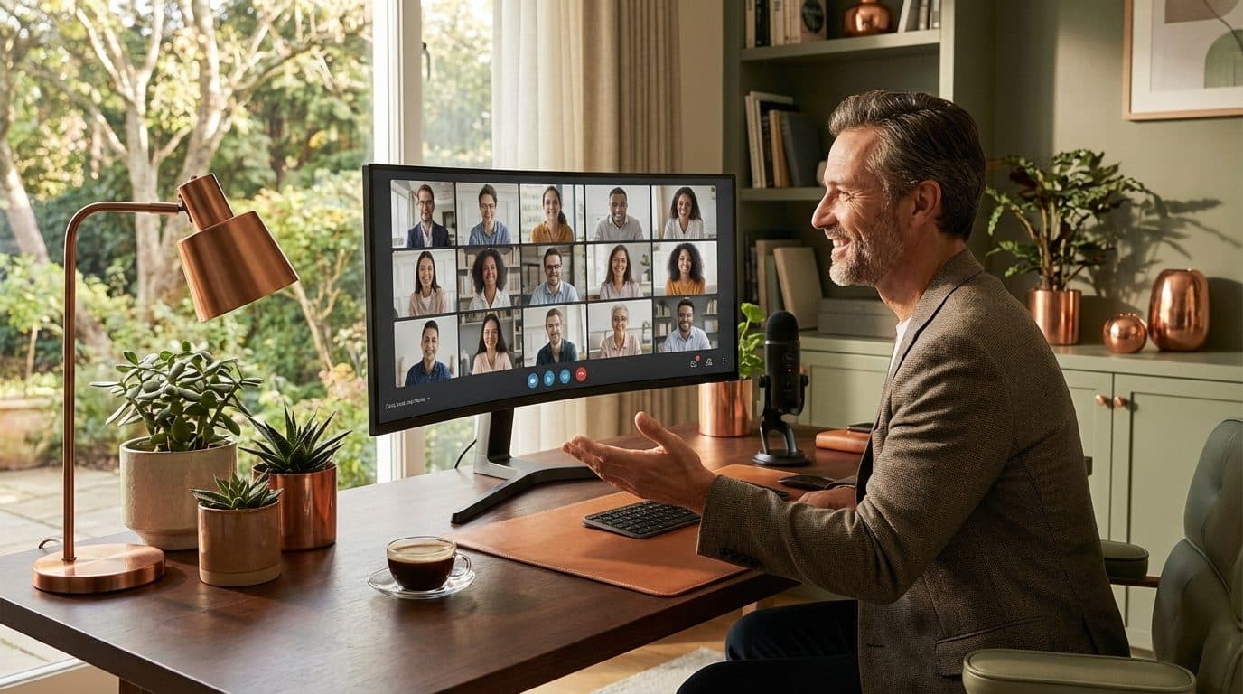 Führungskraft leitet ein virtuelles Team über Videokonferenz mit sichtbarer Verbindung trotz räumlicher Distanz