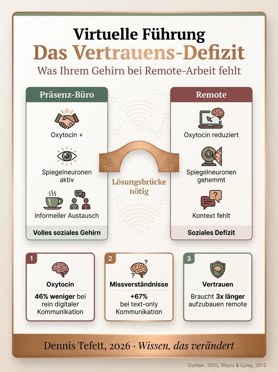 Infografik zum Oxytocin-Defizit in virtuellen Teams: Gegenüberstellung von physischen und digitalen Vertrauenssignalen und deren neurologische Wirkung
