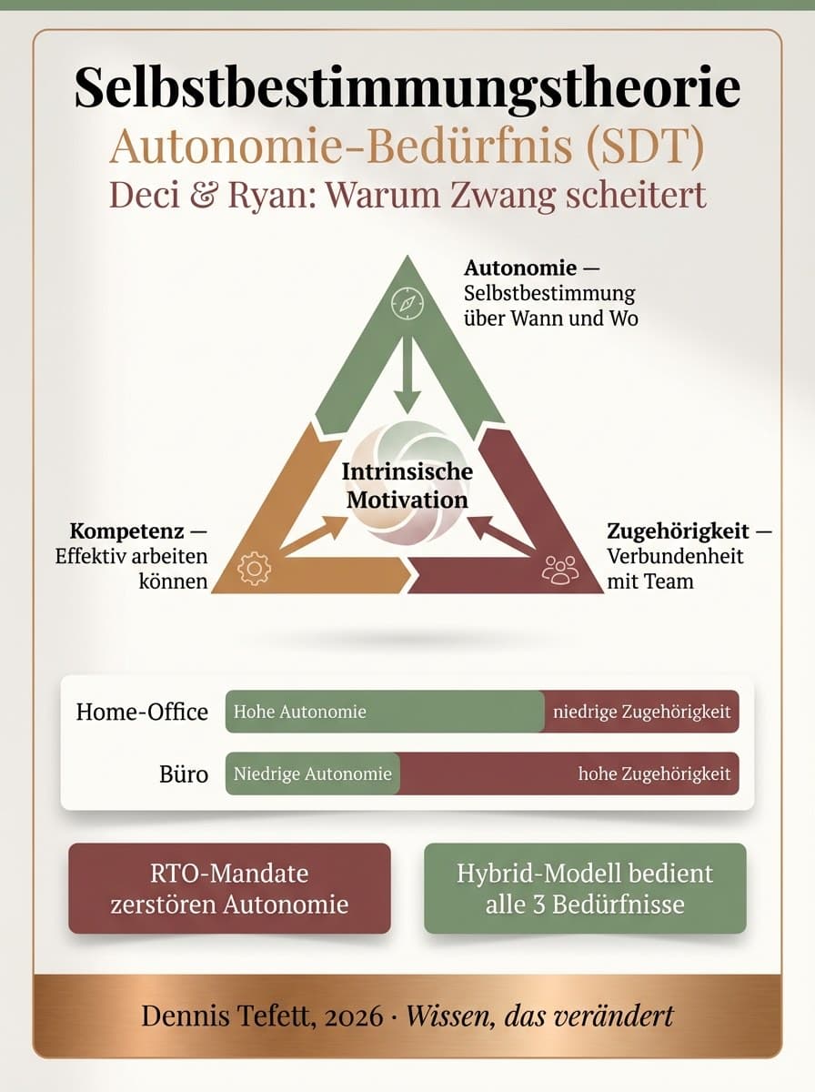 Infografik Self-Determination Theory nach Deci und Ryan: Drei Grundbedürfnisse Autonomie, Verbundenheit und Kompetenzerleben im RTO-Kontext.