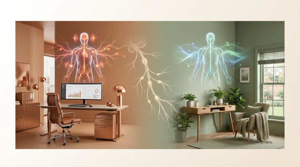 Nervensystem zwischen Homeoffice-Sicherheit und Bürozwang. Polyvagal-Theorie erklärt den emotionalen Return-to-Office-Konflikt.