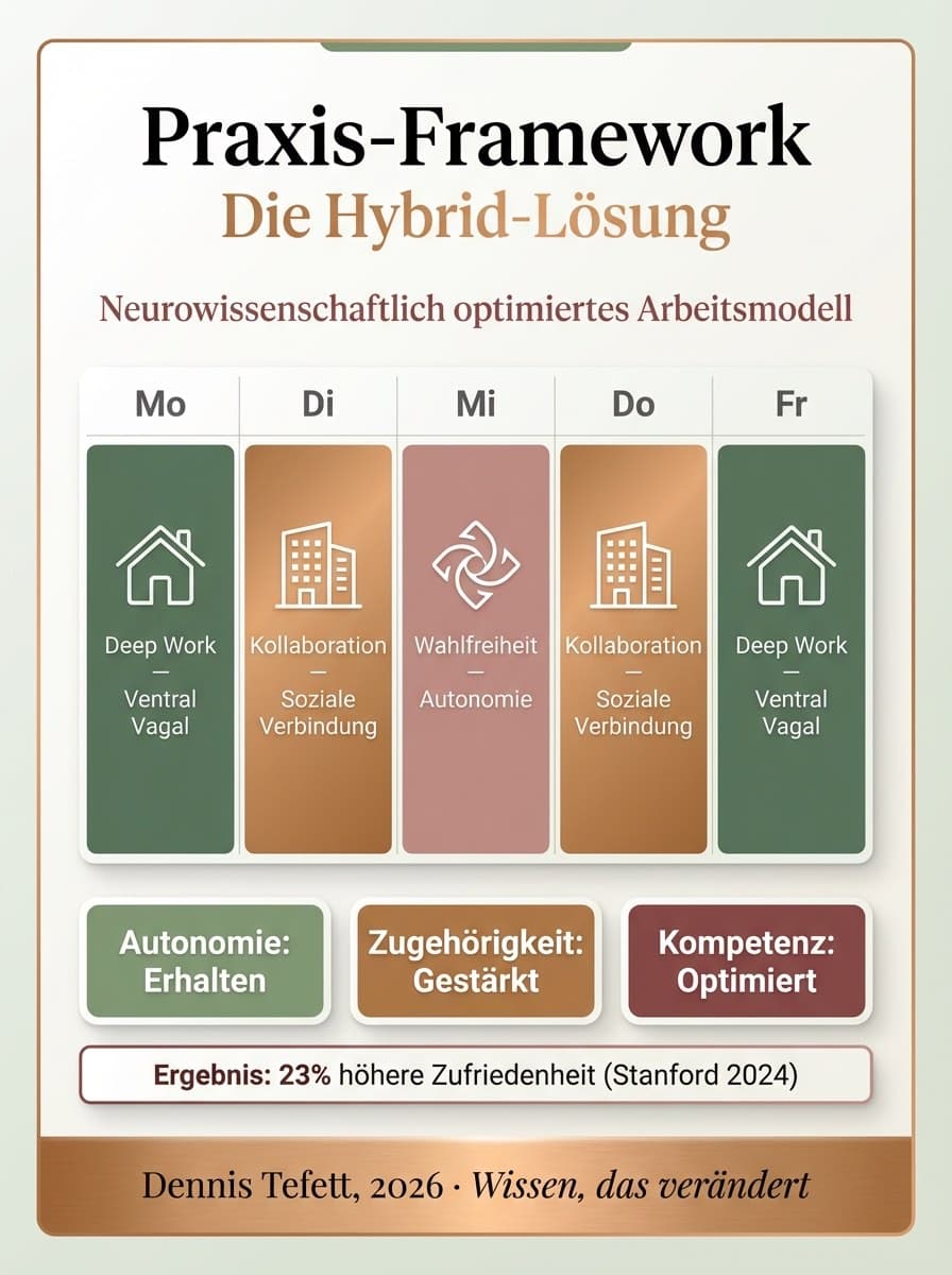 Infografik Neurowissenschaftlich fundiertes Hybrid-Framework: 5 Strategien für eine Arbeitsorganisation, die neurobiologische Bedürfnisse respektiert.