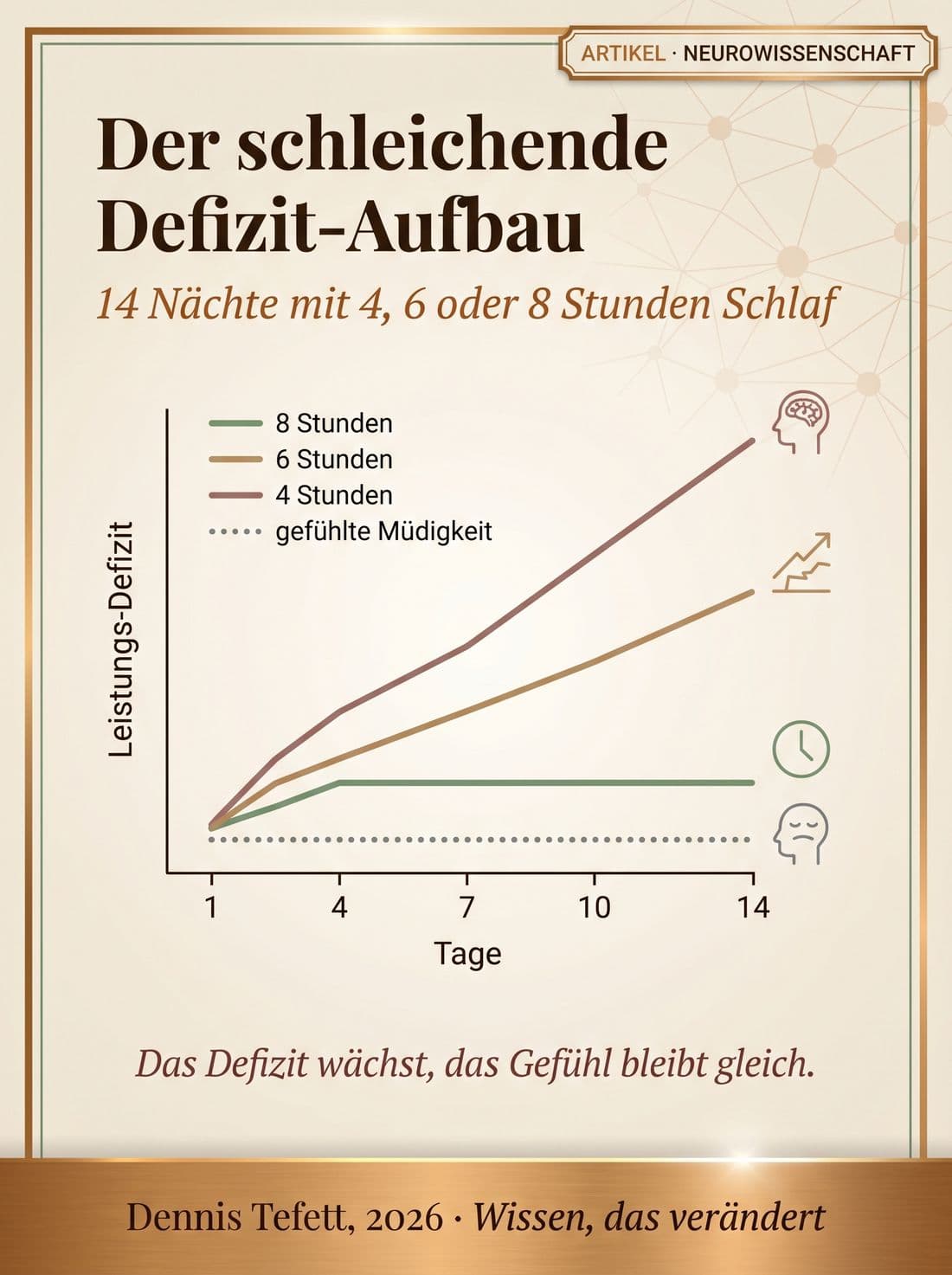 Liniendiagramm über 14 Tage: Leistungsdefizit steigt bei 6 und 4 Stunden Schlaf stetig an, bei 8 Stunden bleibt es flach, während die gefühlte Müdigkeit flach und niedrig bleibt.