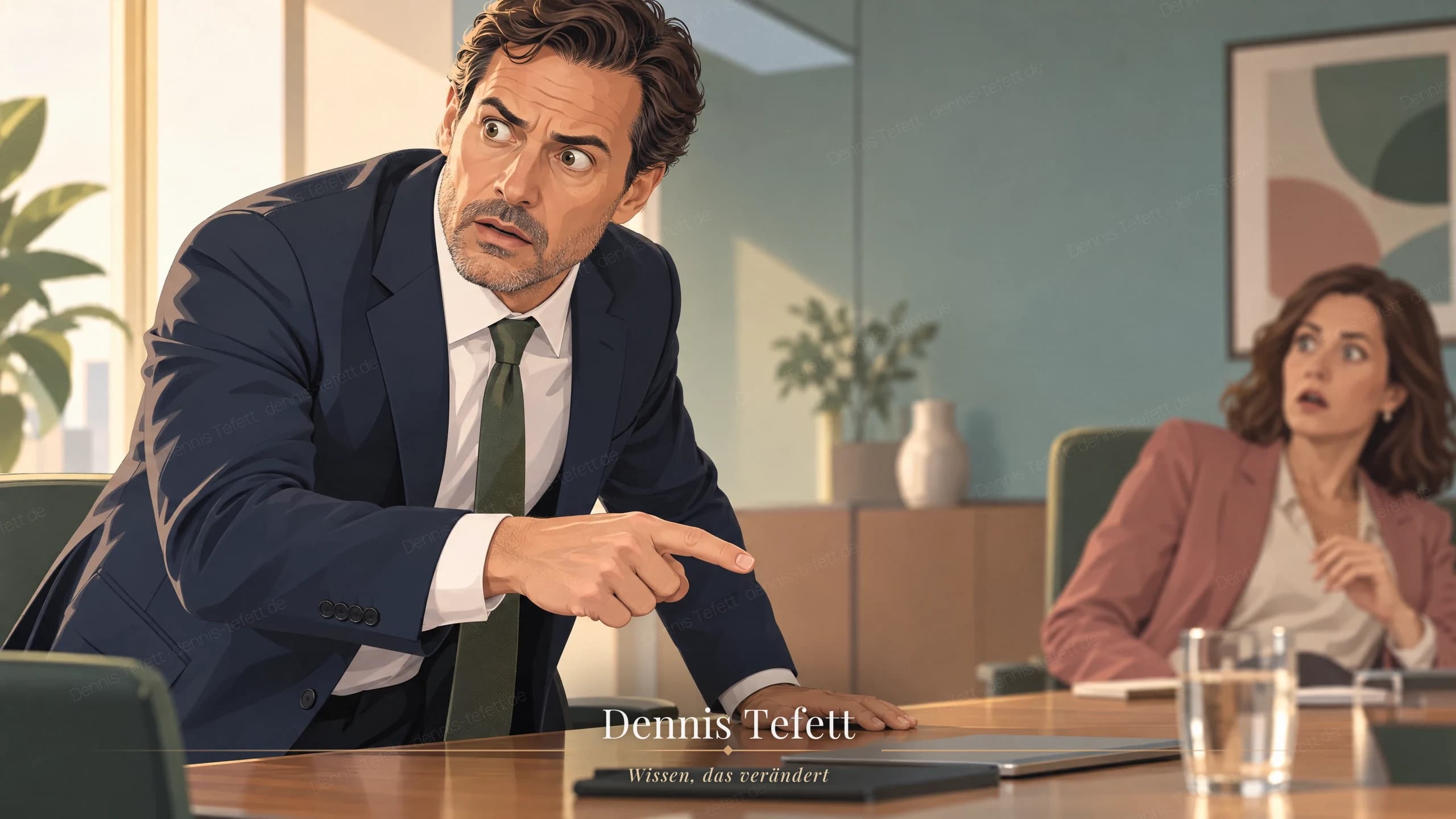 Illustration: Ein Entwicklungsleiter ist halb vom Stuhl aufgesprungen, die Hand auf dem Tisch, und bemerkt im selben Moment, dass er zu weit gegangen ist.