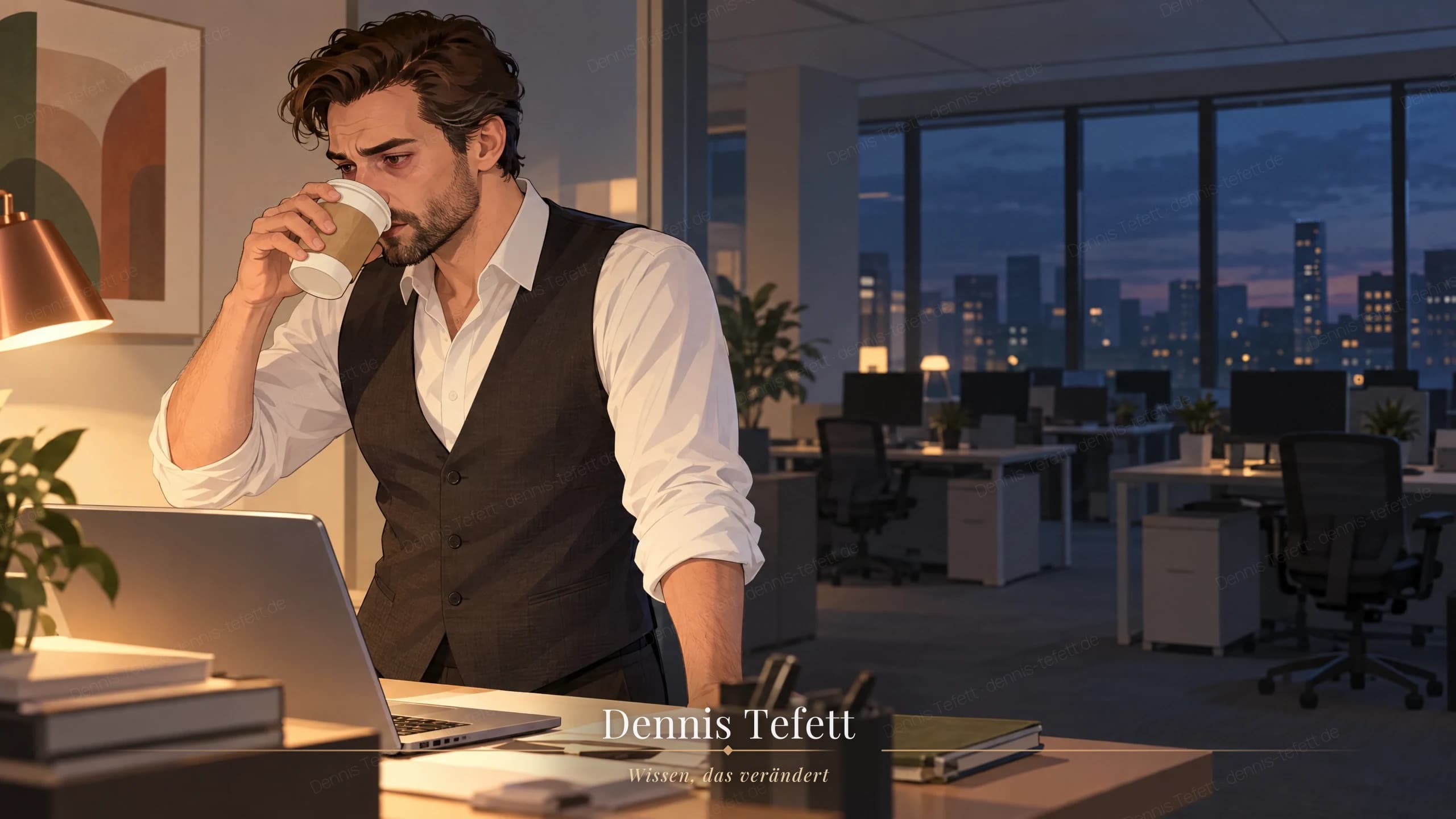 Illustration: Ein Gründer arbeitet abends allein am Stehpult, die Augen gerötet, die Haltung stolz und erschöpft zugleich.