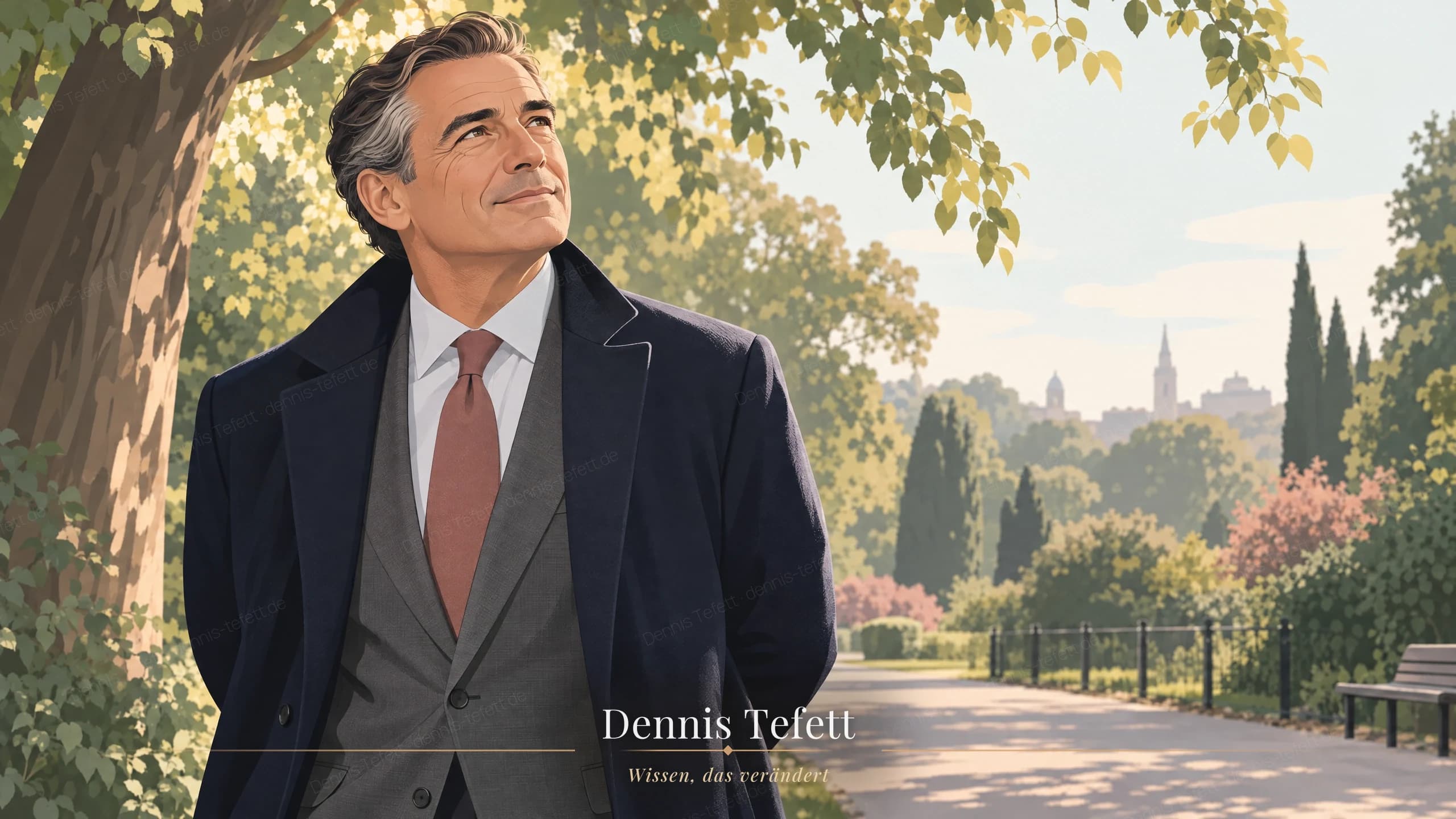 Illustration: Ein Geschäftsführer im blauen Mantel geht mittags durch den Park, die Hände auf dem Rücken, das Gesicht entspannt sich.