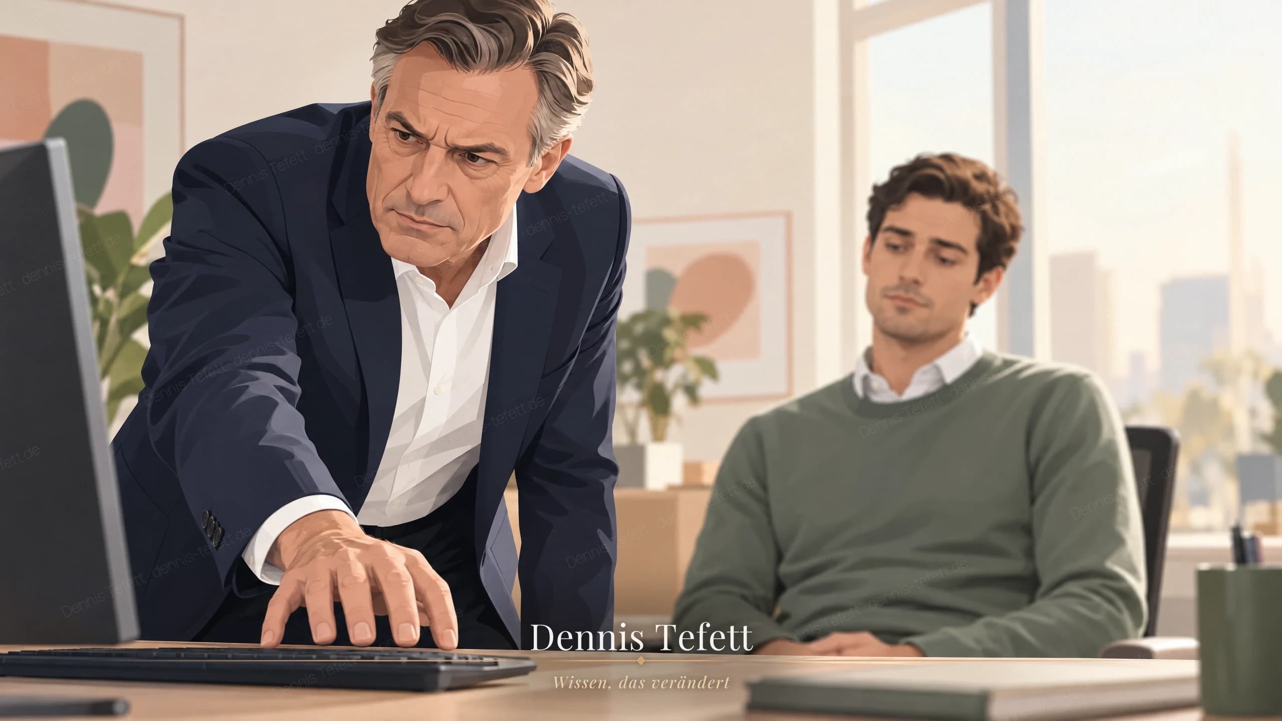 Illustration: Ein Geschäftsführer beugt sich über die Schulter eines jüngeren Kollegen und greift schon zur Tastatur, der Kollege hat die Hände in den Schoß gelegt.