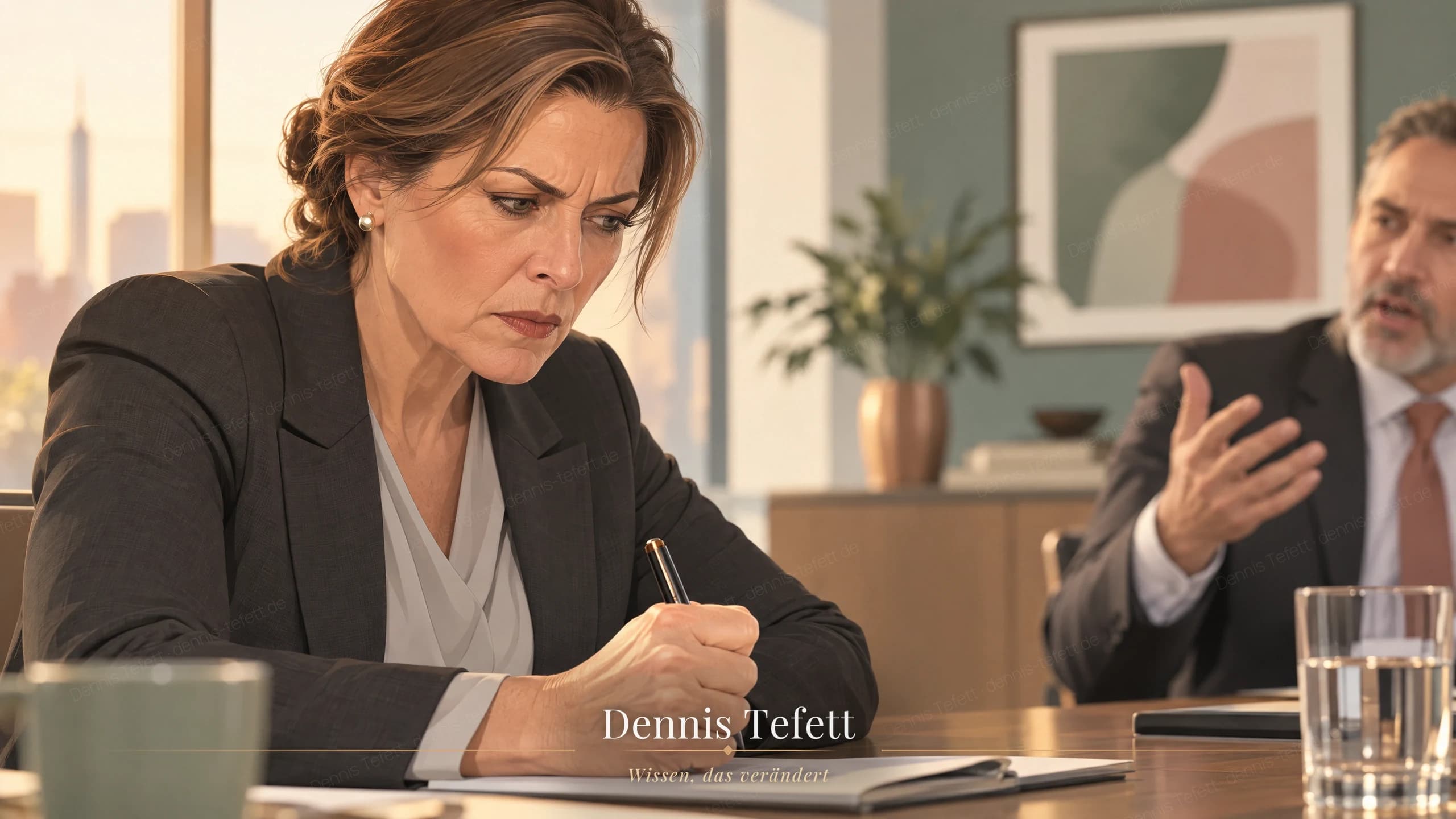 Illustration: Eine Geschäftsführerin umklammert ihren Stift, den Blick auf die Tischplatte gesenkt, und schluckt eine scharfe Antwort hinunter.