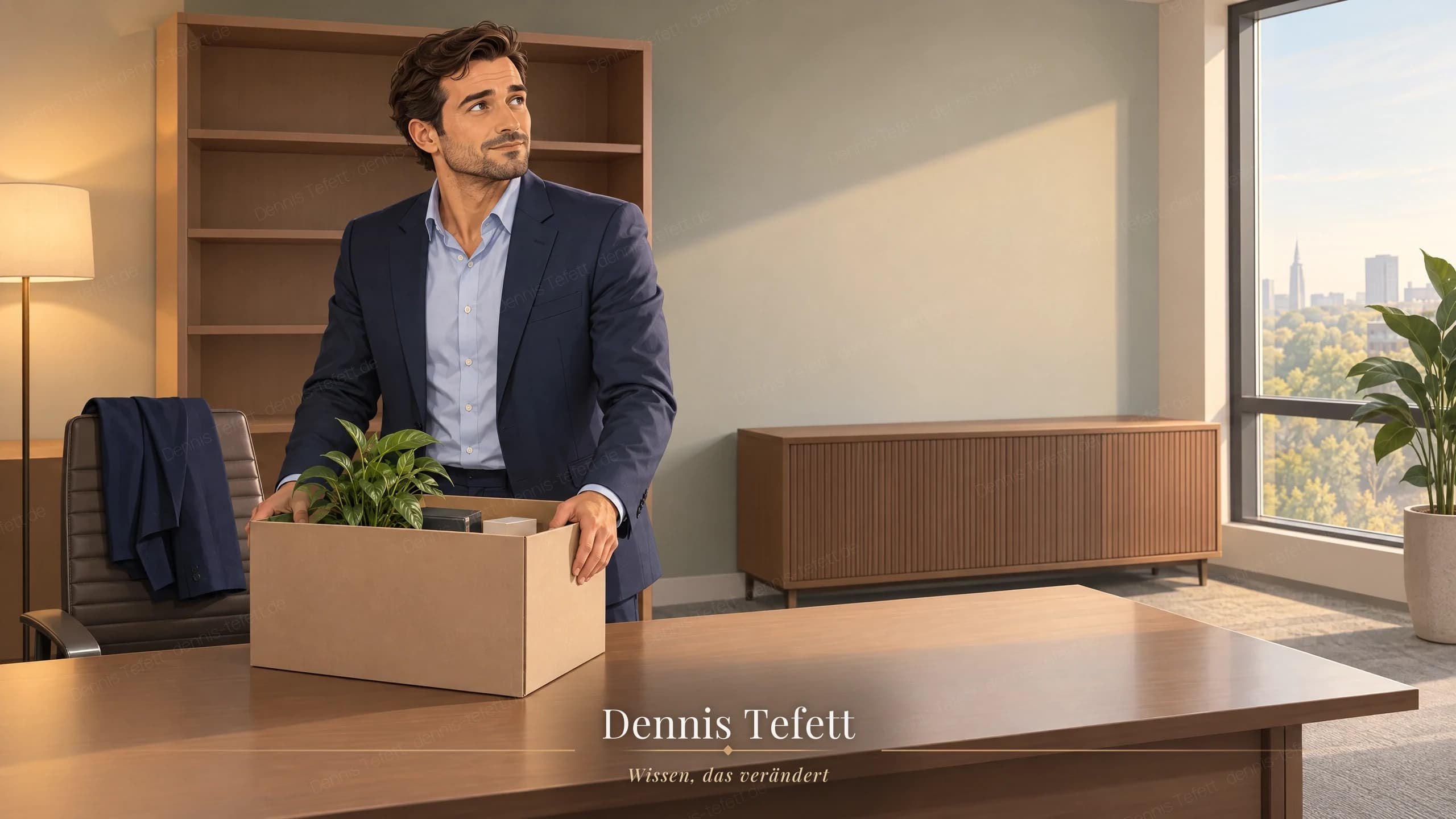 Illustration: Ein neu ernannter Abteilungsleiter steht am ersten Morgen hinter seinem leeren Schreibtisch, beide Hände noch am Karton mit der kleinen Pflanze. Er sieht sich im kahlen Büro um.