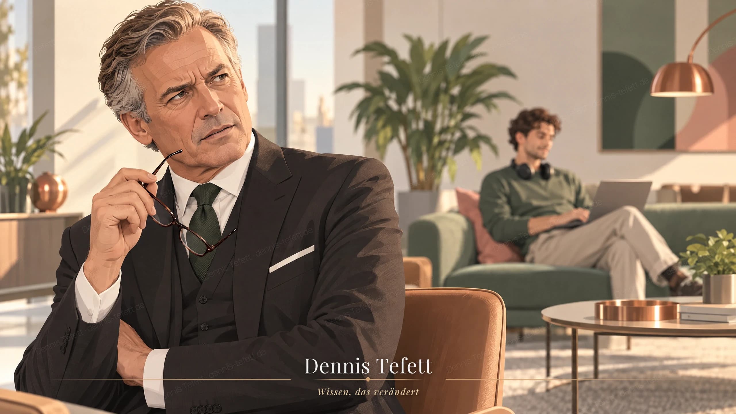 Illustration: Ein Geschäftsführer im Dreiteiler blickt mit verschränkten Armen verständnislos zu einem jungen Kollegen, der entspannt auf dem Sofa arbeitet.