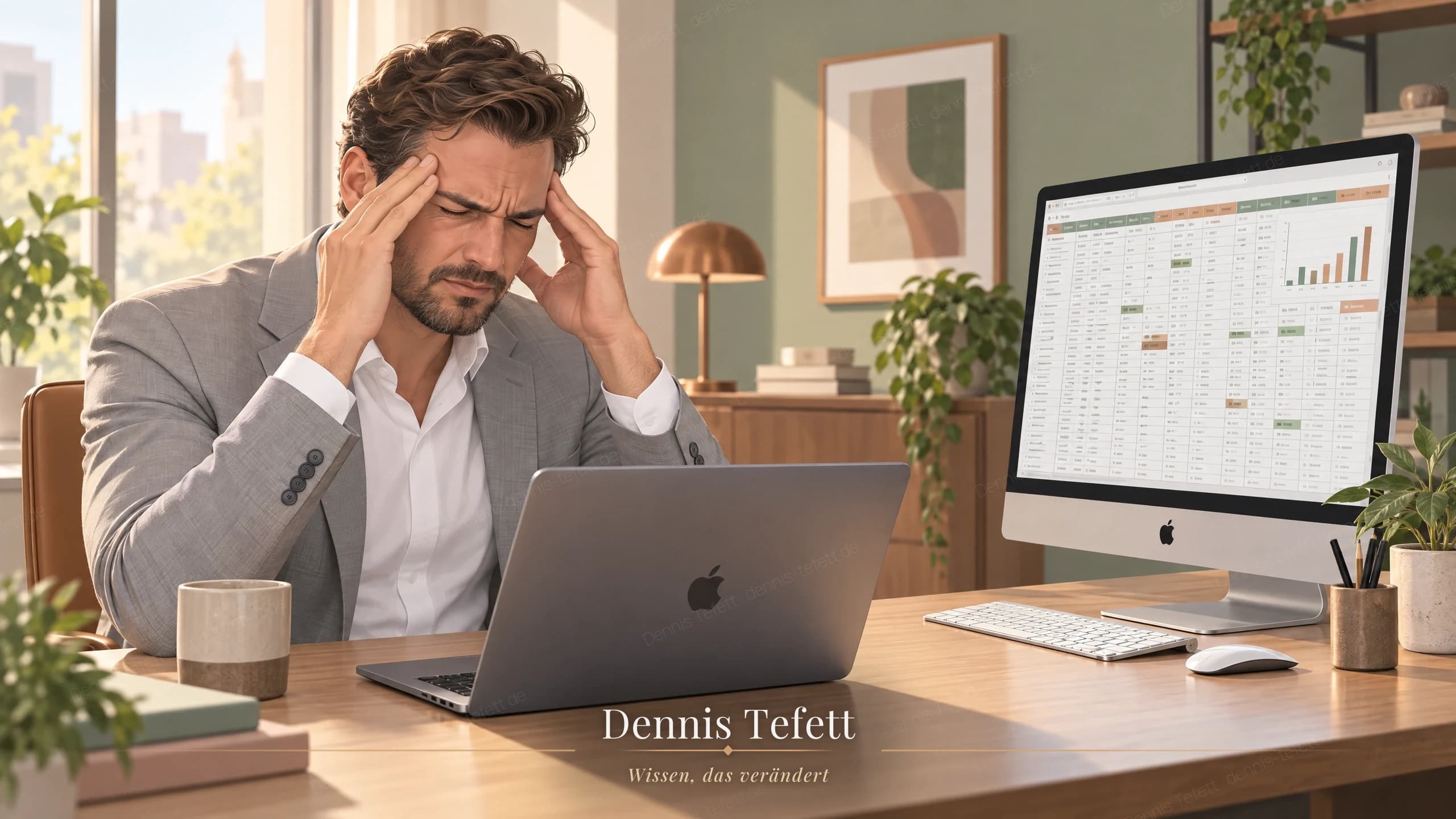 Illustration: Ein Marketingleiter presst am Schreibtisch die Fingerspitzen an die Schläfen und kneift die Augen zu, links ein aufgeklapptes MacBook, rechts ein großer iMac mit einer dicht gefüllten Tabelle.