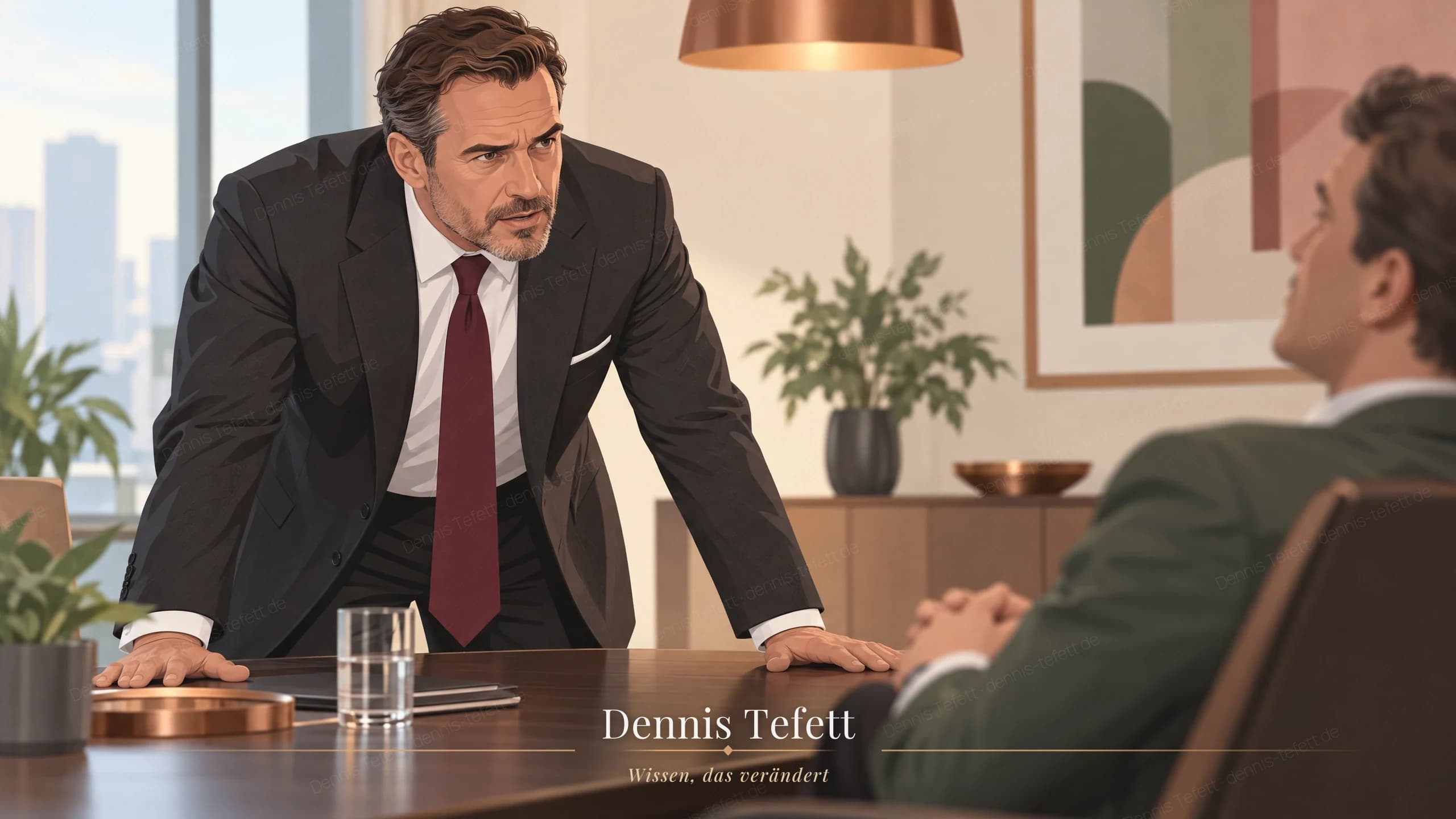 Illustration: Ein Vertriebsleiter stemmt beide Handflächen auf den Tisch und drängt auf sein Gegenüber ein, das sich unbeeindruckt zurücklehnt.