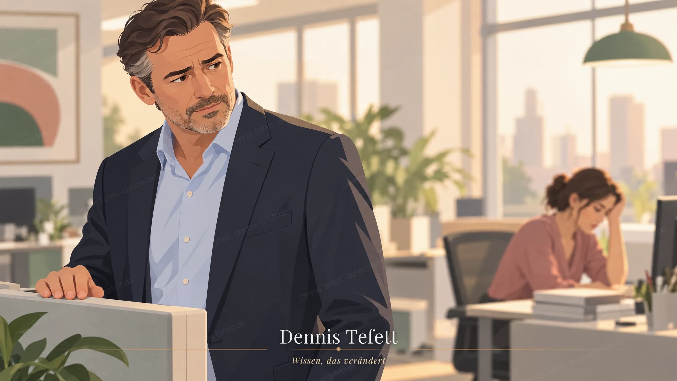 Illustration: Ein Teamleiter bleibt im Großraumbüro stehen und blickt besorgt zu einer Kollegin, die zusammengesunken an ihrem Platz sitzt.