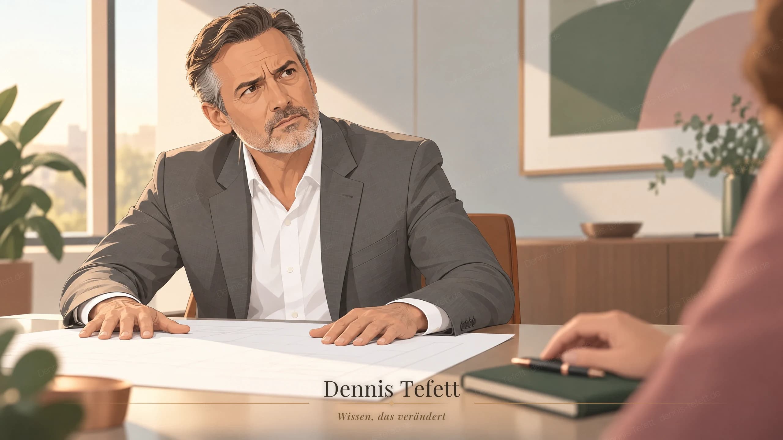 Illustration: Ein Abteilungsleiter streicht einen fertigen Plan glatt und blickt irritiert auf, sein Gegenüber hat den Stift abgelegt.