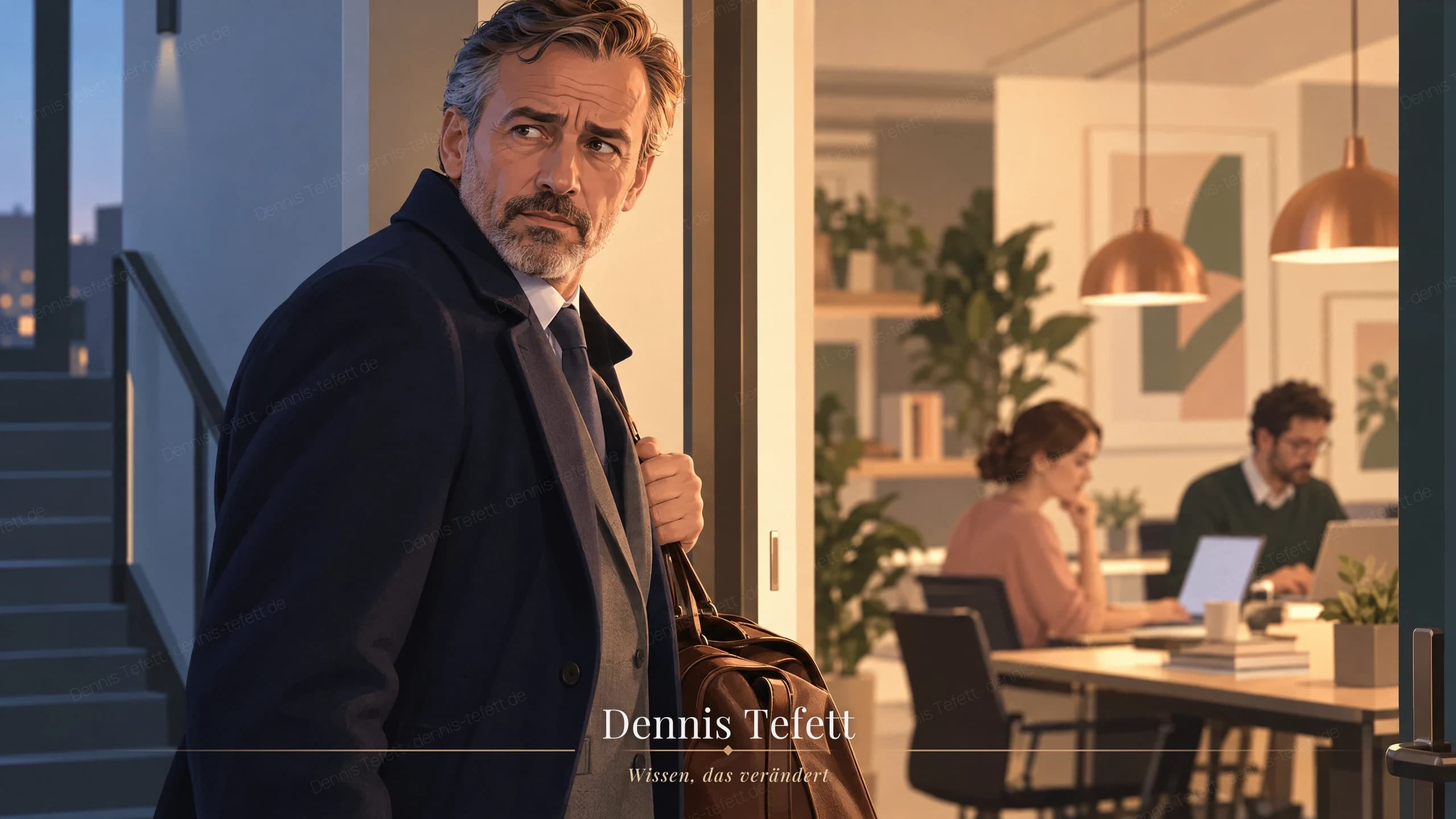 Illustration: Ein Unternehmer im blauen Mantel steht mit Reisetasche in der Tür und blickt sorgenvoll zurück in den Teamraum.