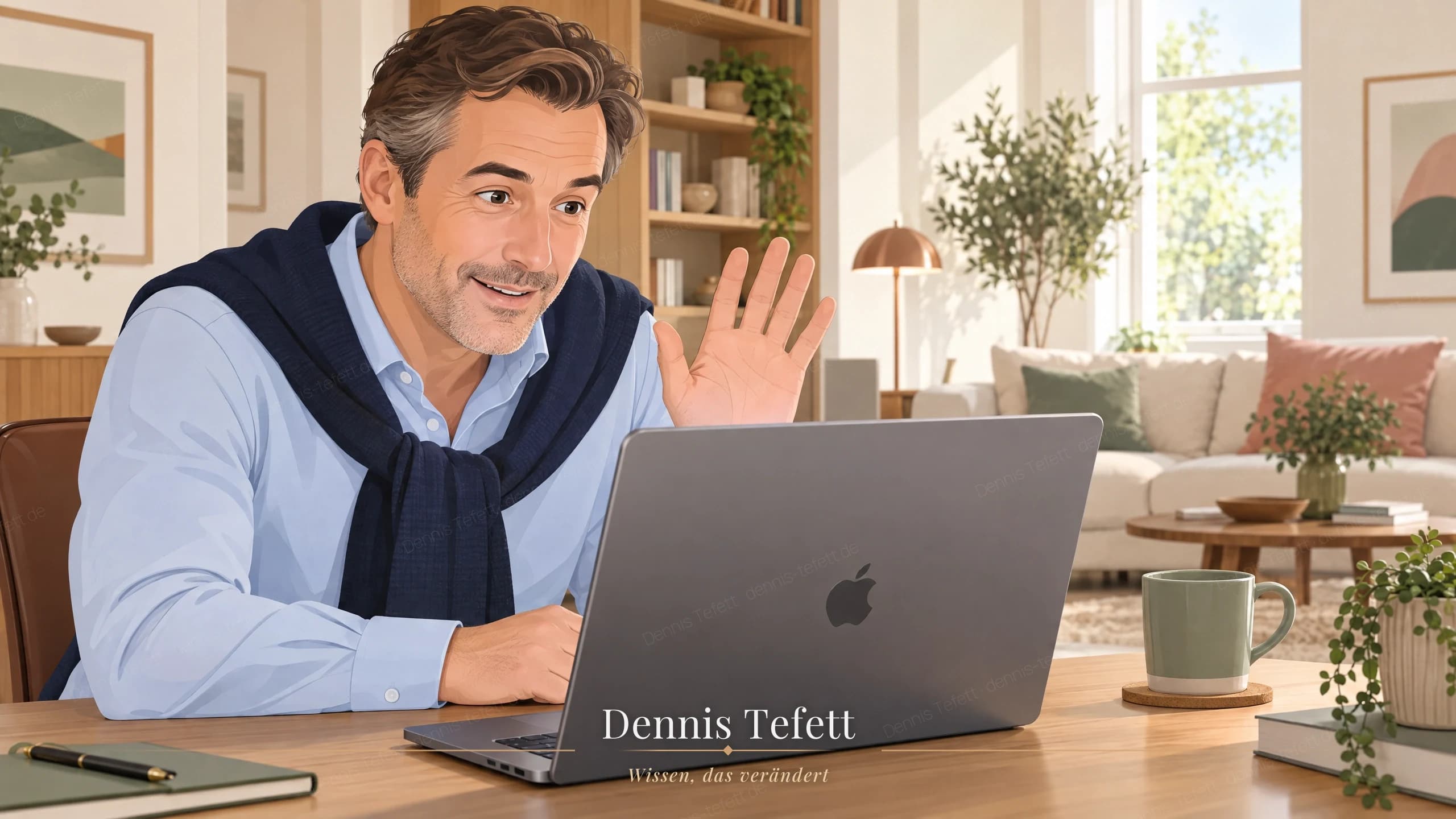 Illustration: Ein Teamleiter beugt sich zu Hause zum aufgeklappten MacBook vor, hebt die Hand zu einem kleinen Winken und versucht Gesichter zu lesen, die wir nicht sehen, zu erkennen ist nur die Rückseite des Geräts.