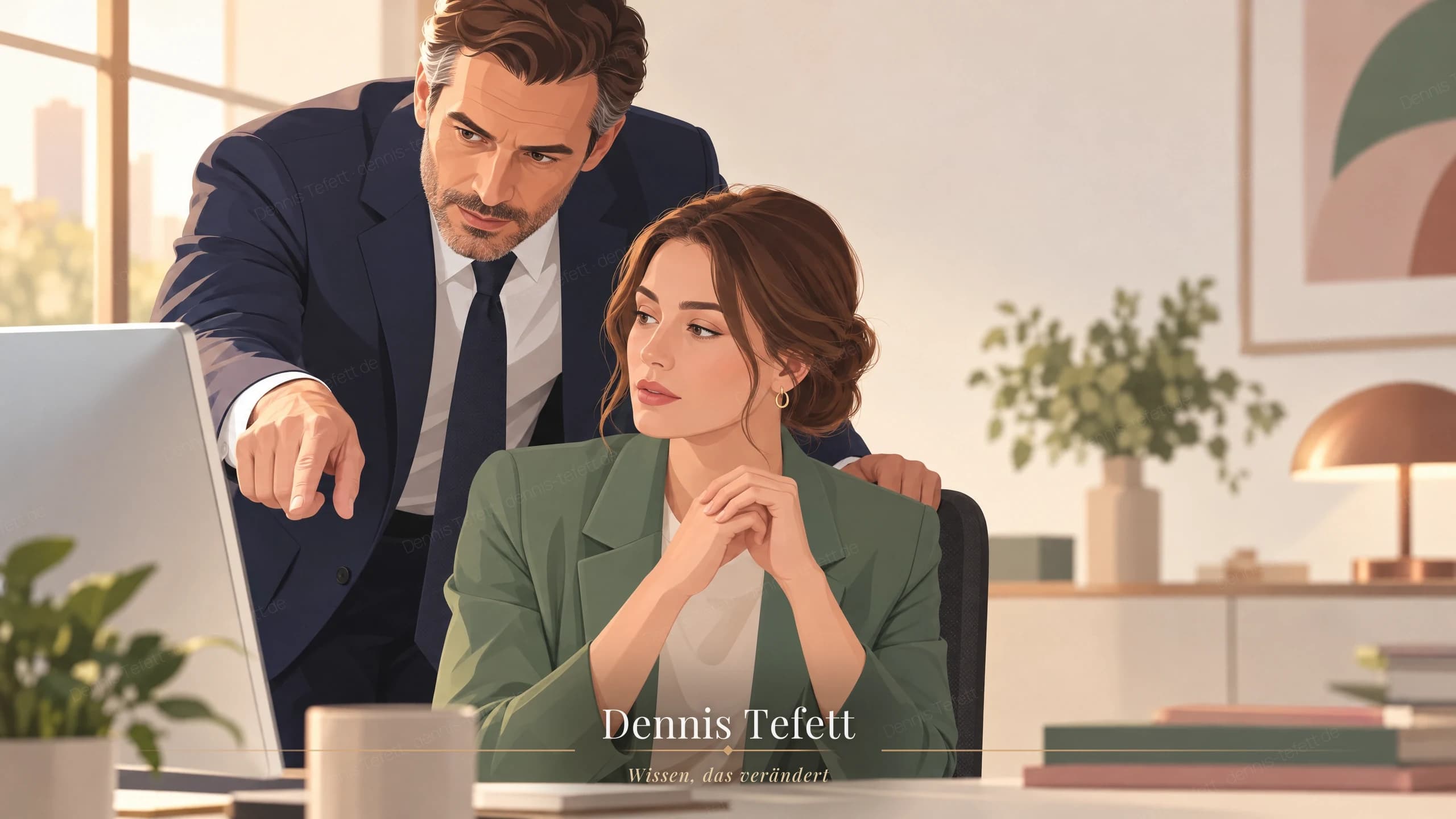 Illustration: Ein Abteilungsleiter beugt sich über die Schulter eines Mitarbeiters und zeigt auf den Bildschirm, der Mitarbeiter hat die Hände von der Tastatur genommen.