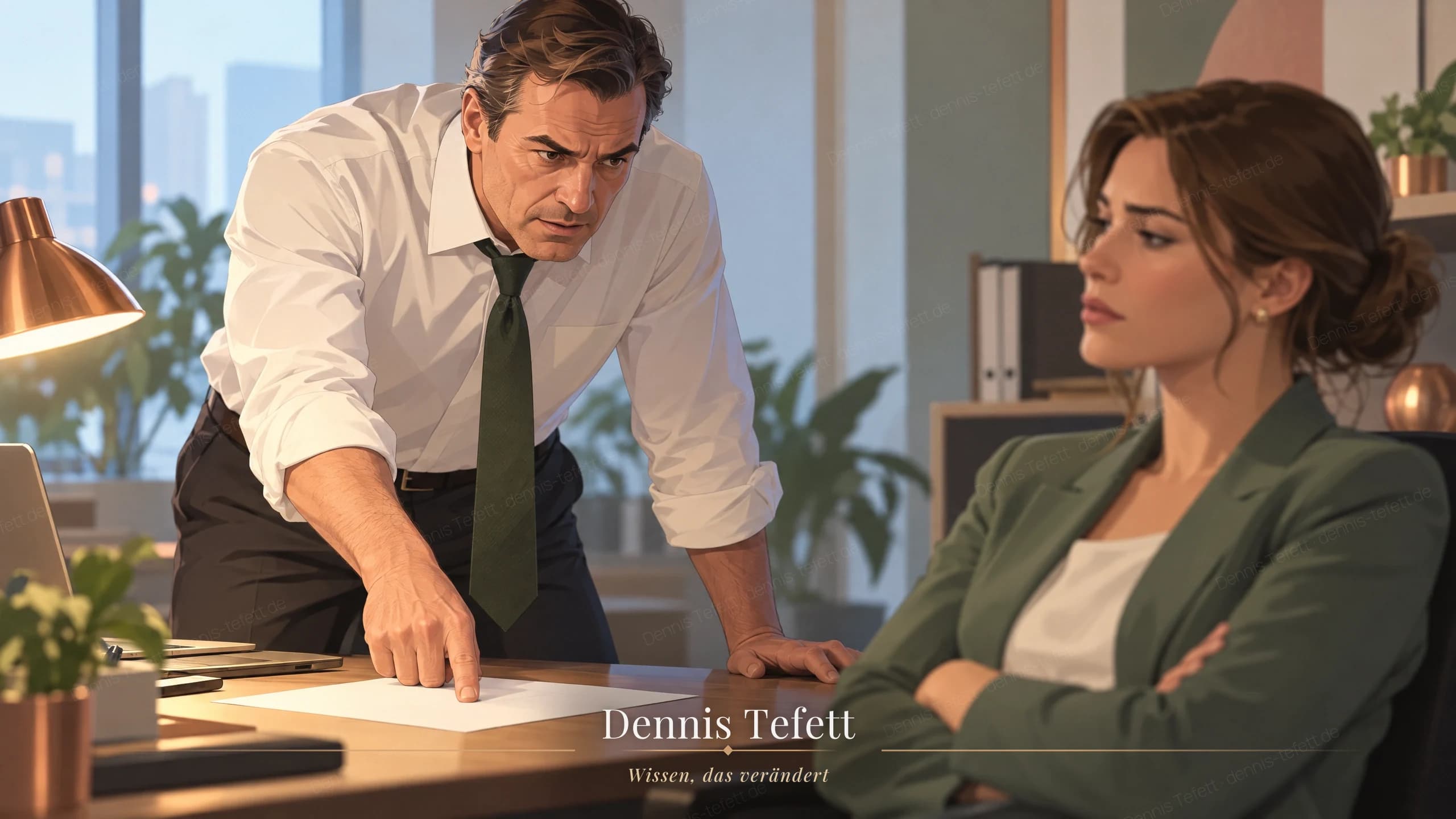 Illustration: Ein Produktionsleiter tippt mit steifem Finger auf ein Blatt, der Mitarbeiter dahinter lehnt sich mit verschränkten Armen zurück.