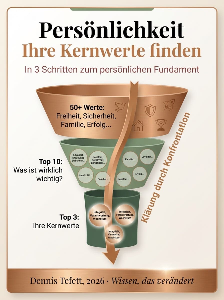 Infografik: Kernwerte identifizieren. Vier Schritte von der weiten Liste zur wertebasierten Entscheidung