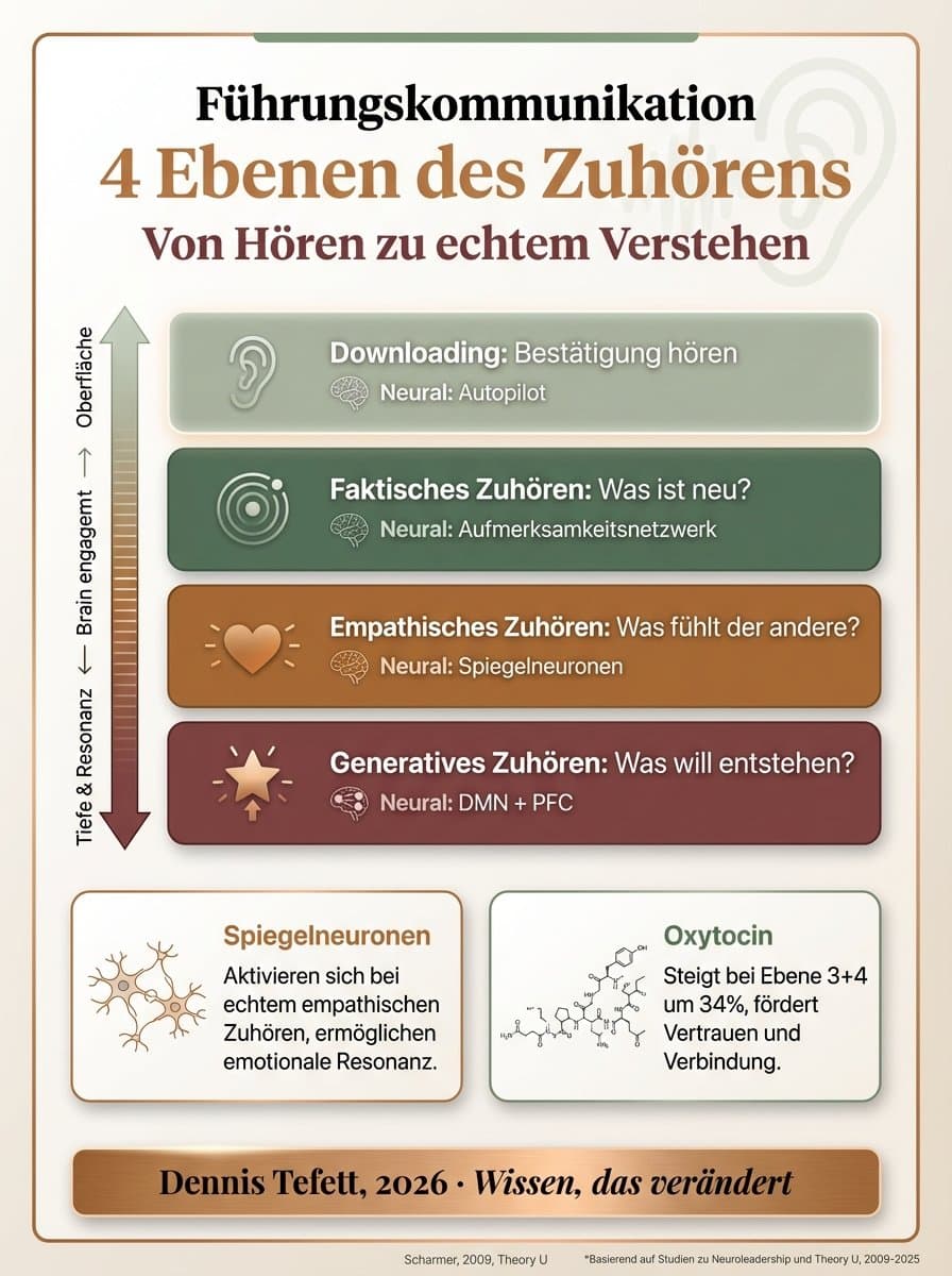 Infografik zu den vier Ebenen des Zuhörens: Vom oberflächlichen Herunterladen über faktisches und empathisches Zuhören bis zum generativen Zuhören