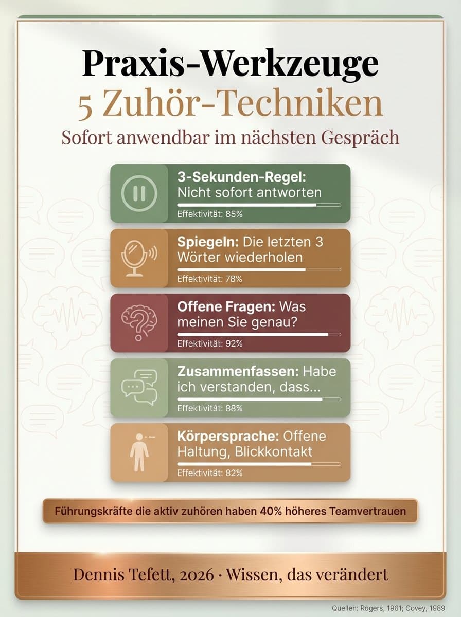 Infografik zur Wirkung von aktivem Zuhören in der Führung: Psychologische Sicherheit stärken, Zuhörrituale etablieren und vom Problemlöser zum Möglichmacher werden