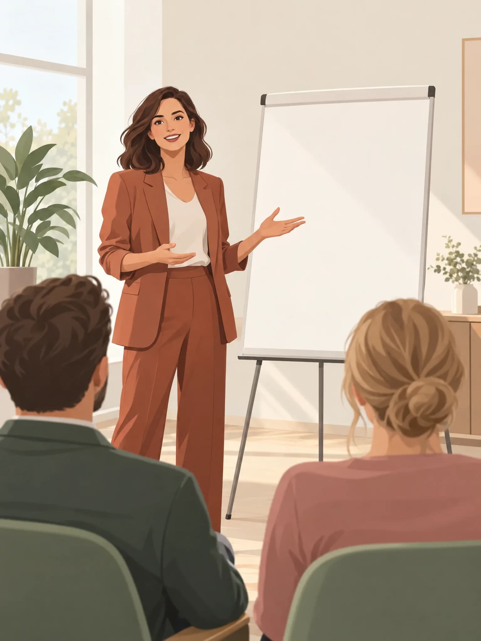 Eine Frau steht neben einem leeren Flipchart in einem hellen Seminarraum und spricht mit offener Hand, zwei Zuhörende sitzen von hinten gesehen im Vordergrund.