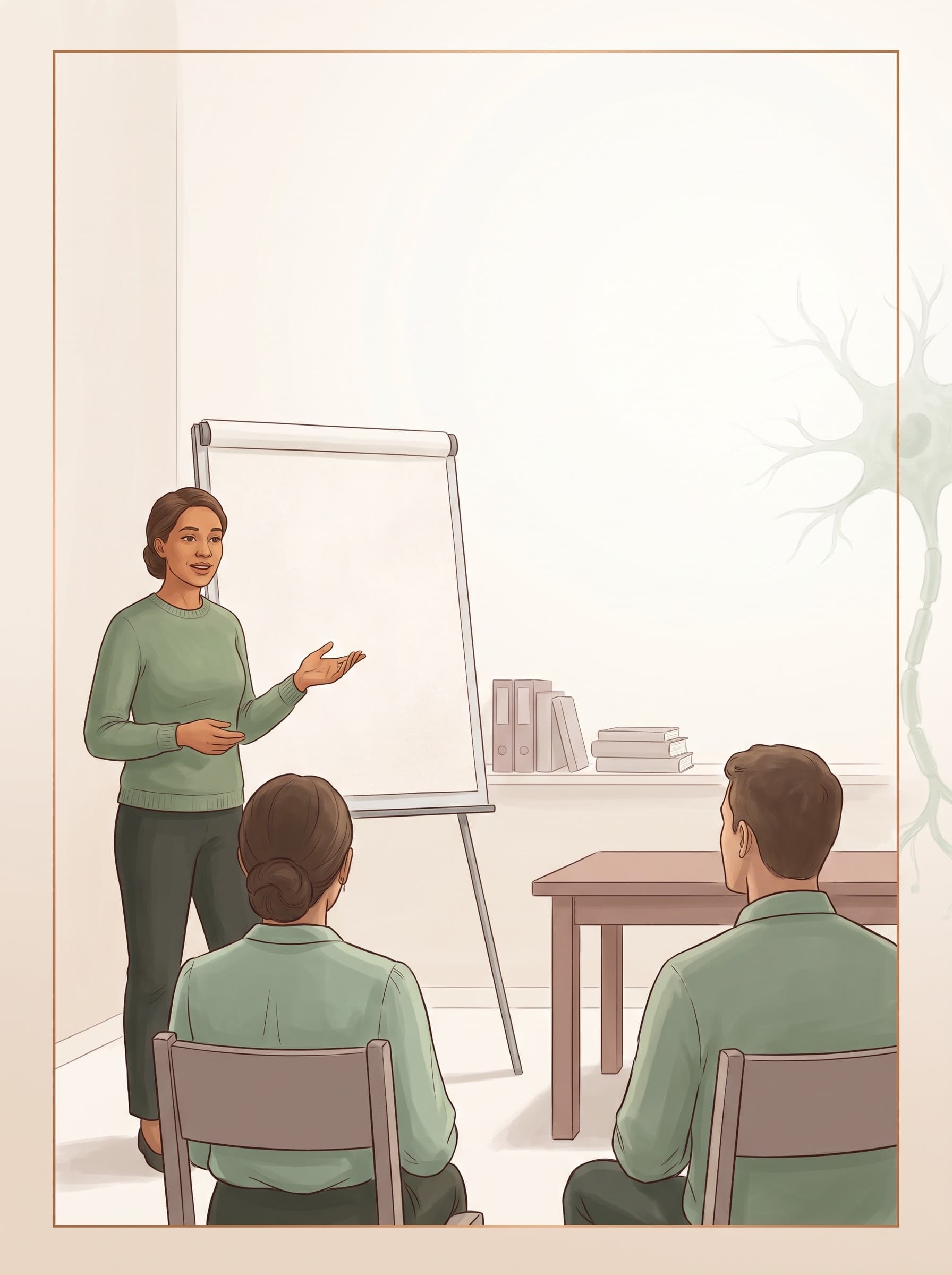 Eine Frau steht neben einem leeren Flipchart in einem hellen Seminarraum und spricht mit offener Hand, zwei Zuhörende sitzen von hinten gesehen im Vordergrund.