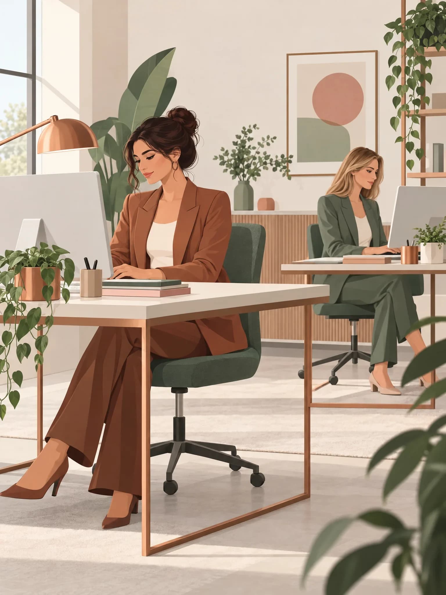 Zwei Frauen arbeiten nebeneinander an zwei Schreibtischen im selben Büro, jede vor ihrem eigenen Bildschirm, keine sieht die andere an.