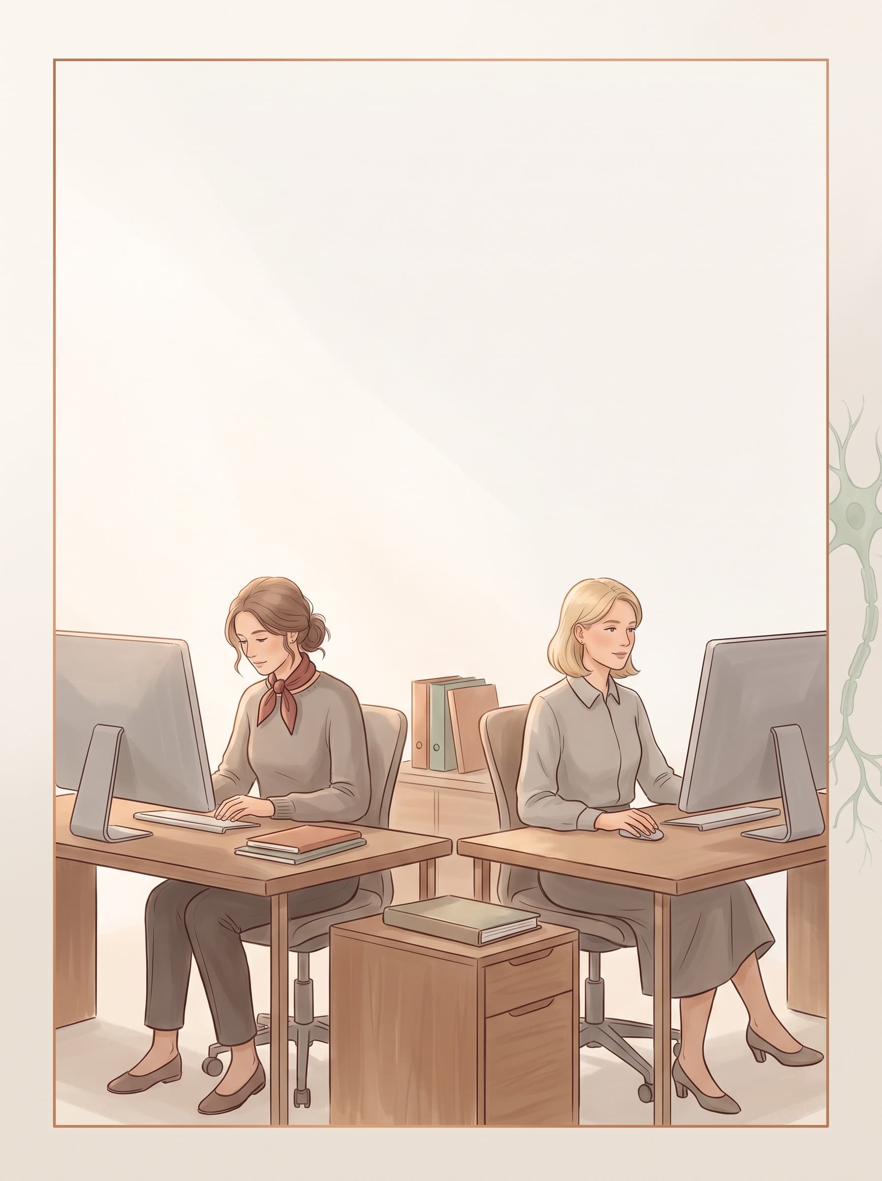 Zwei Frauen arbeiten nebeneinander an zwei Schreibtischen im selben Büro, jede vor ihrem eigenen Bildschirm, keine sieht die andere an.