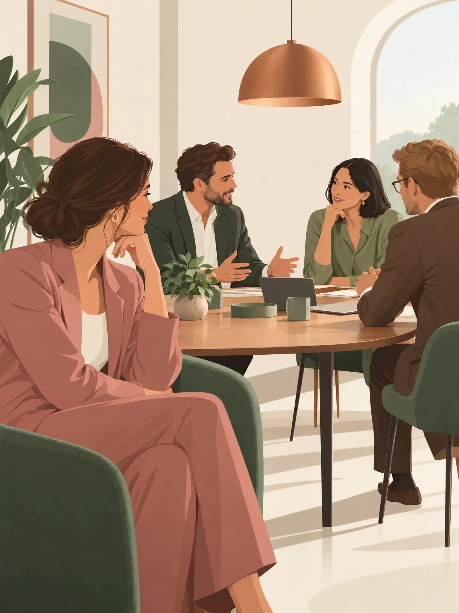 Vier Menschen sitzen im Gespräch um einen Besprechungstisch, eine Frau sitzt etwas abseits am näheren Ende und blickt aufmerksam zur Gruppe.