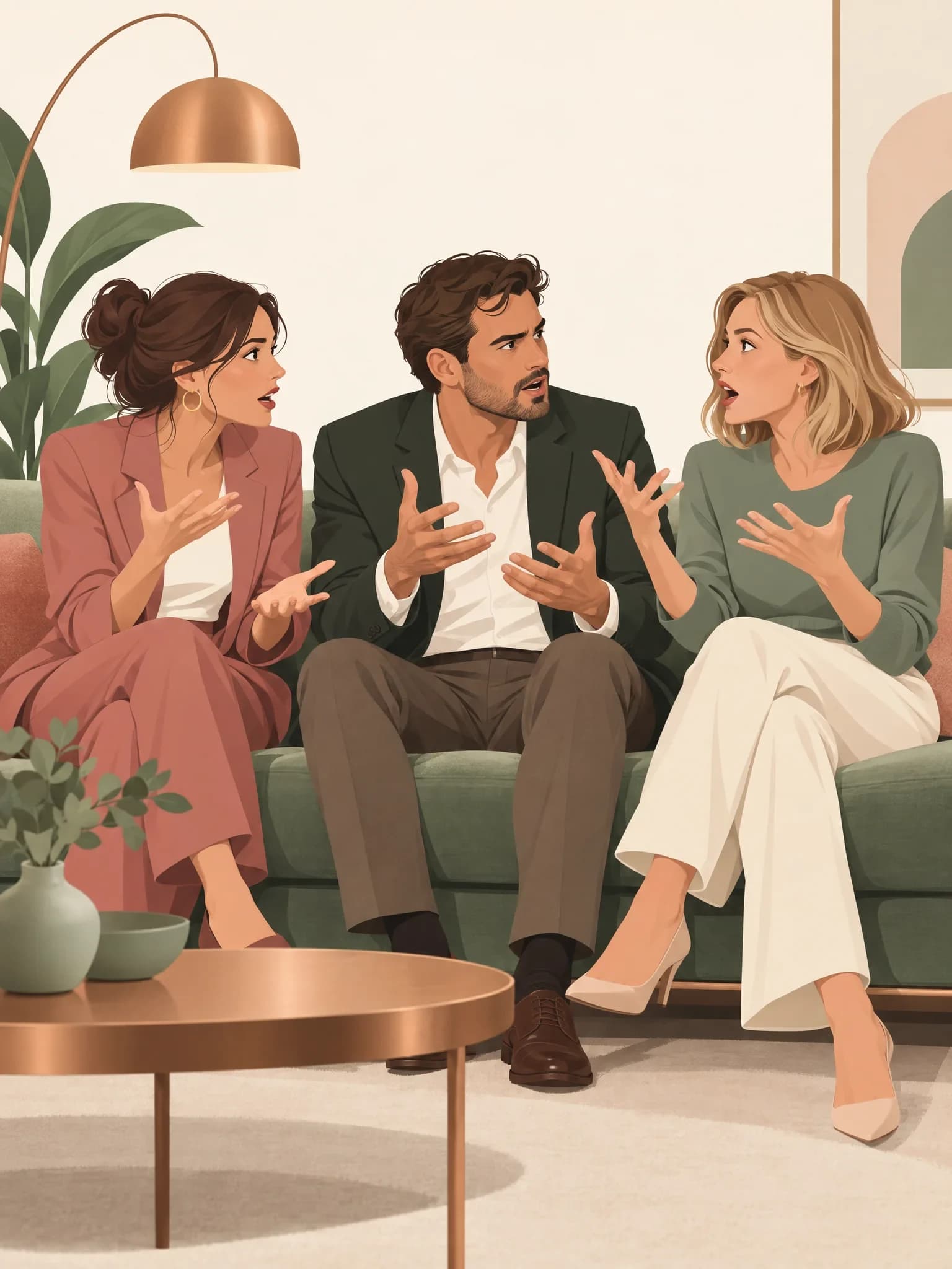 Drei Erwachsene sitzen dicht nebeneinander auf einem Sofa und reden gleichzeitig mit lebhaften Händen, die Gesichter zeigen Aufregung statt Freude.