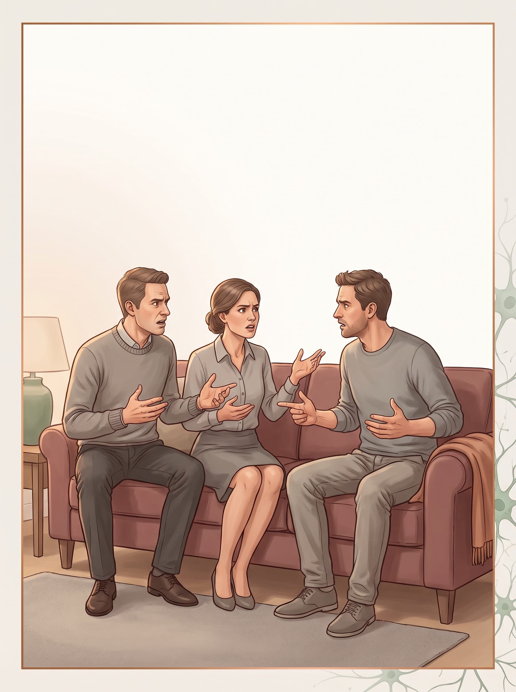 Drei Erwachsene sitzen dicht nebeneinander auf einem Sofa und reden gleichzeitig mit lebhaften Händen, die Gesichter zeigen Aufregung statt Freude.
